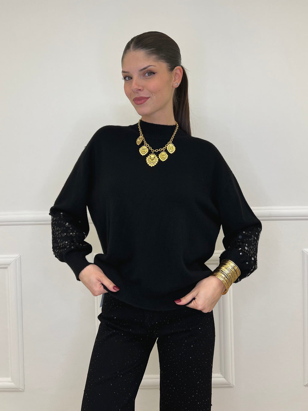 Maglia Manica Paillettes DL7357 Nero