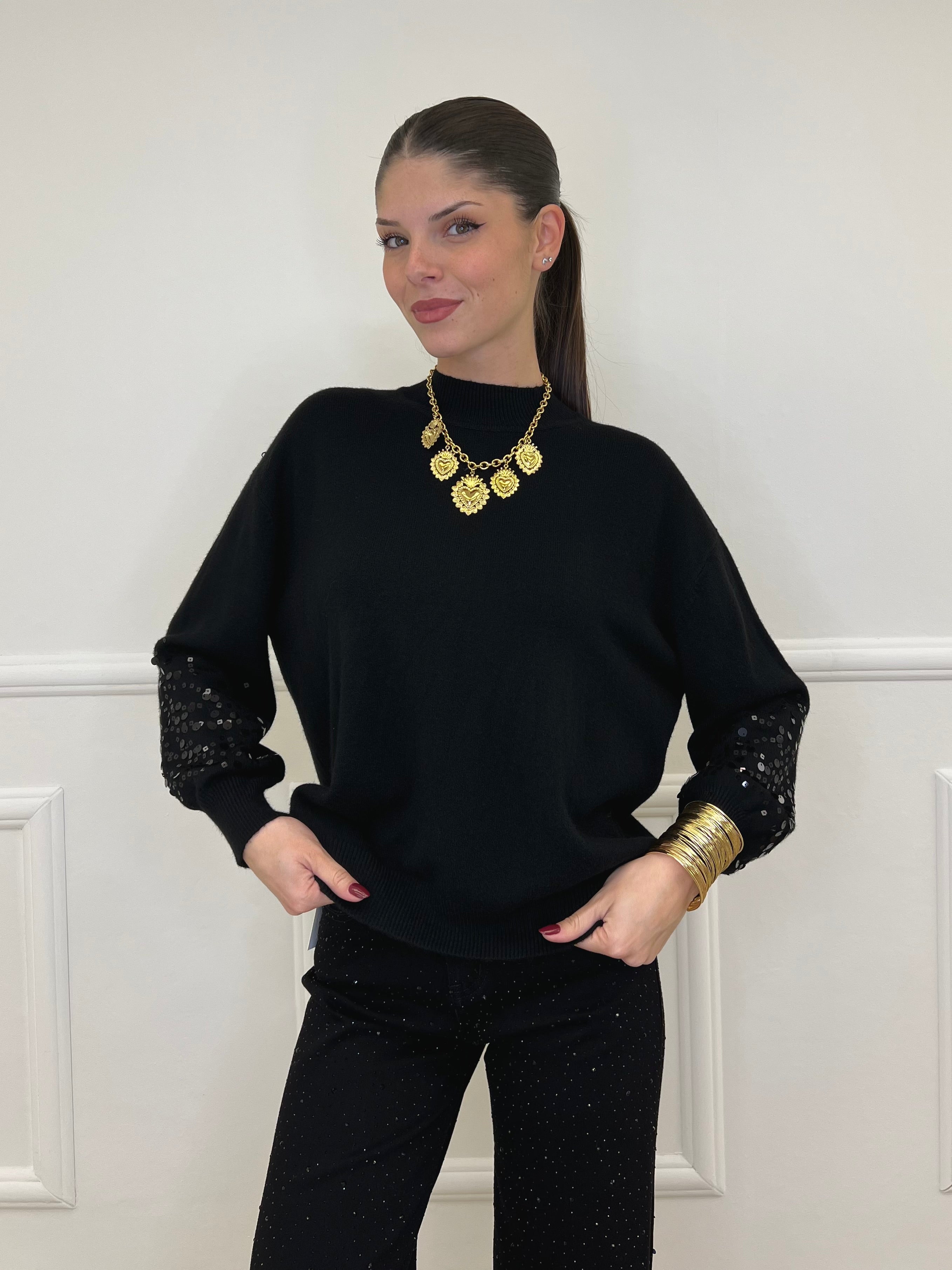 Maglia Manica Paillettes DL7357 Nero