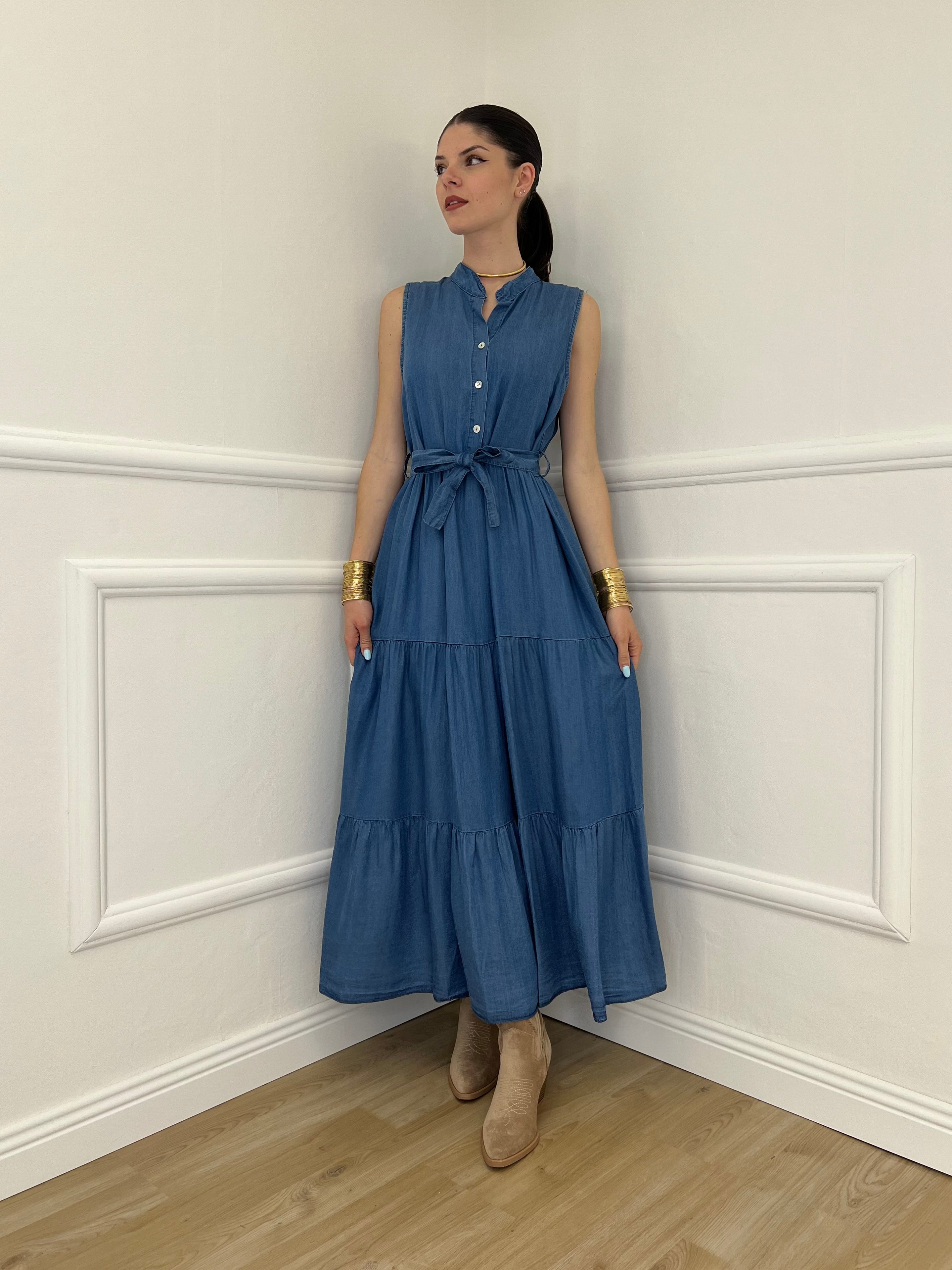 Abito Smanicato Effetto Denim V6127 Azzurro