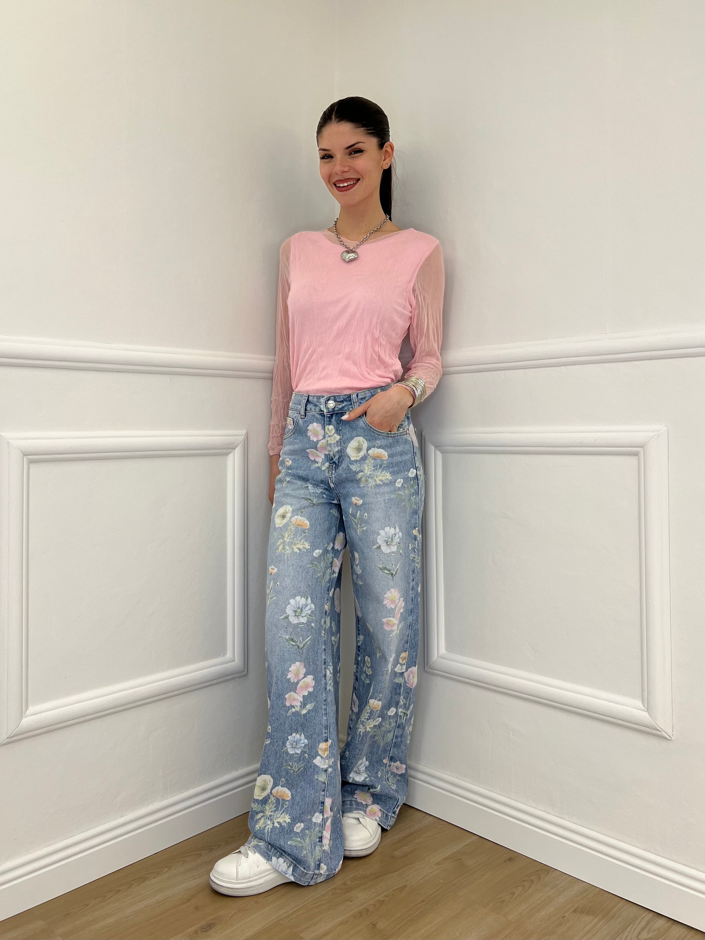 Jeans Floreale T901 Azzurro