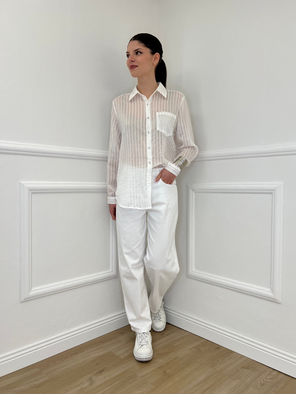 Camicia Tencel Spalmata a Righe 25802 Bianco