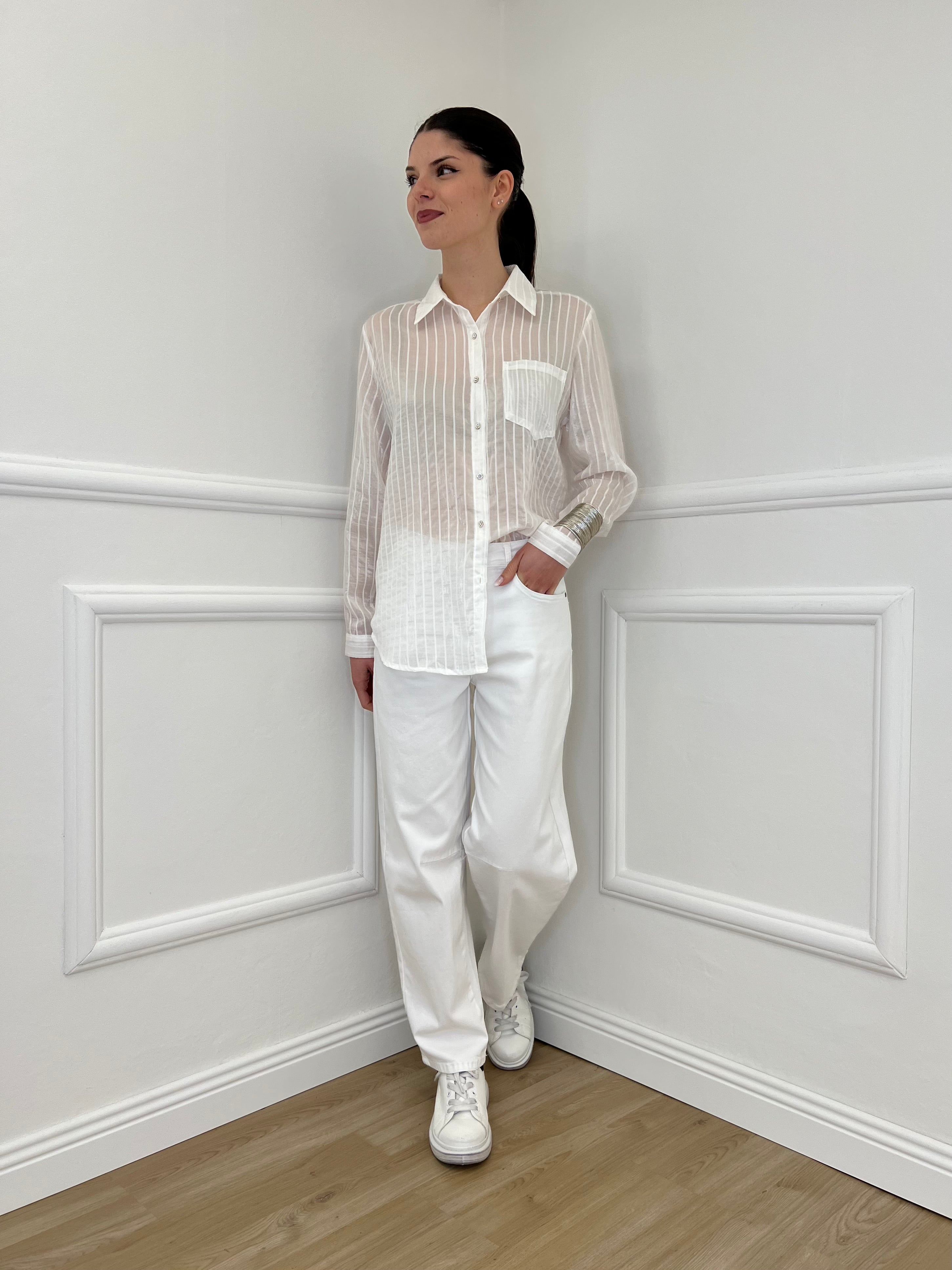 Camicia Tencel Spalmata a Righe 25802 Bianco