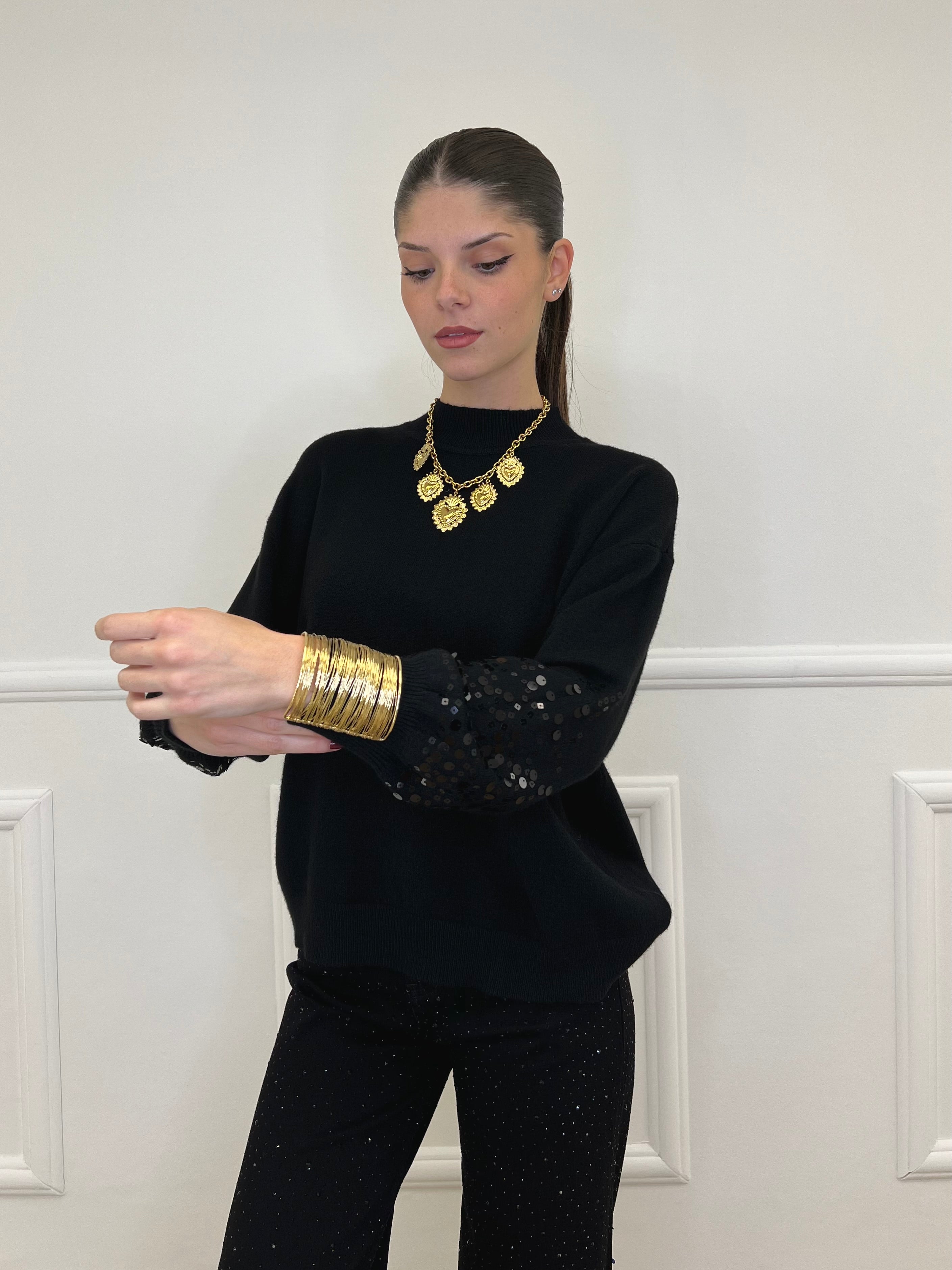 Maglia Manica Paillettes DL7357 Nero