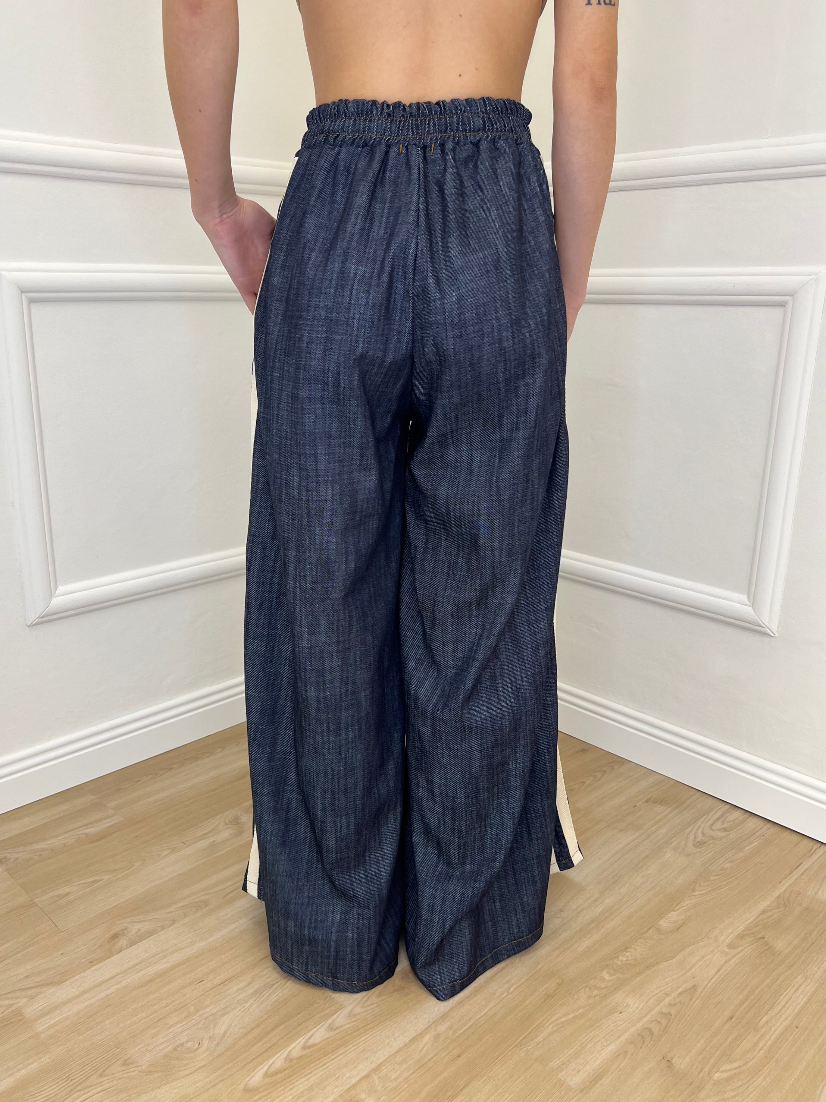 Pantalone Chambray Coulisse A7809 Blu