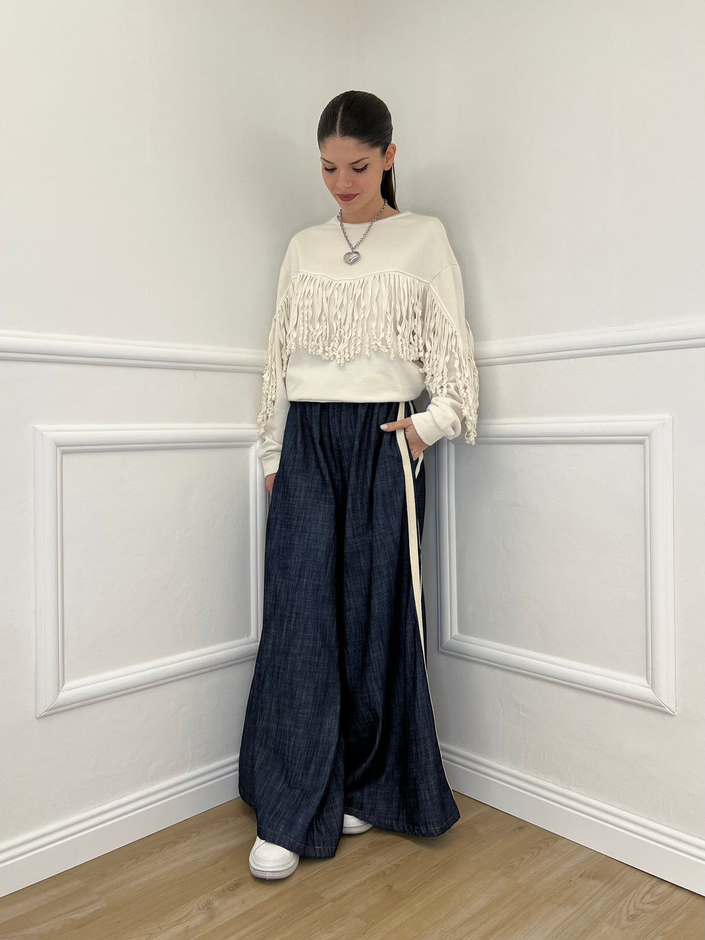 Pantalone Chambray Coulisse A7809 Blu