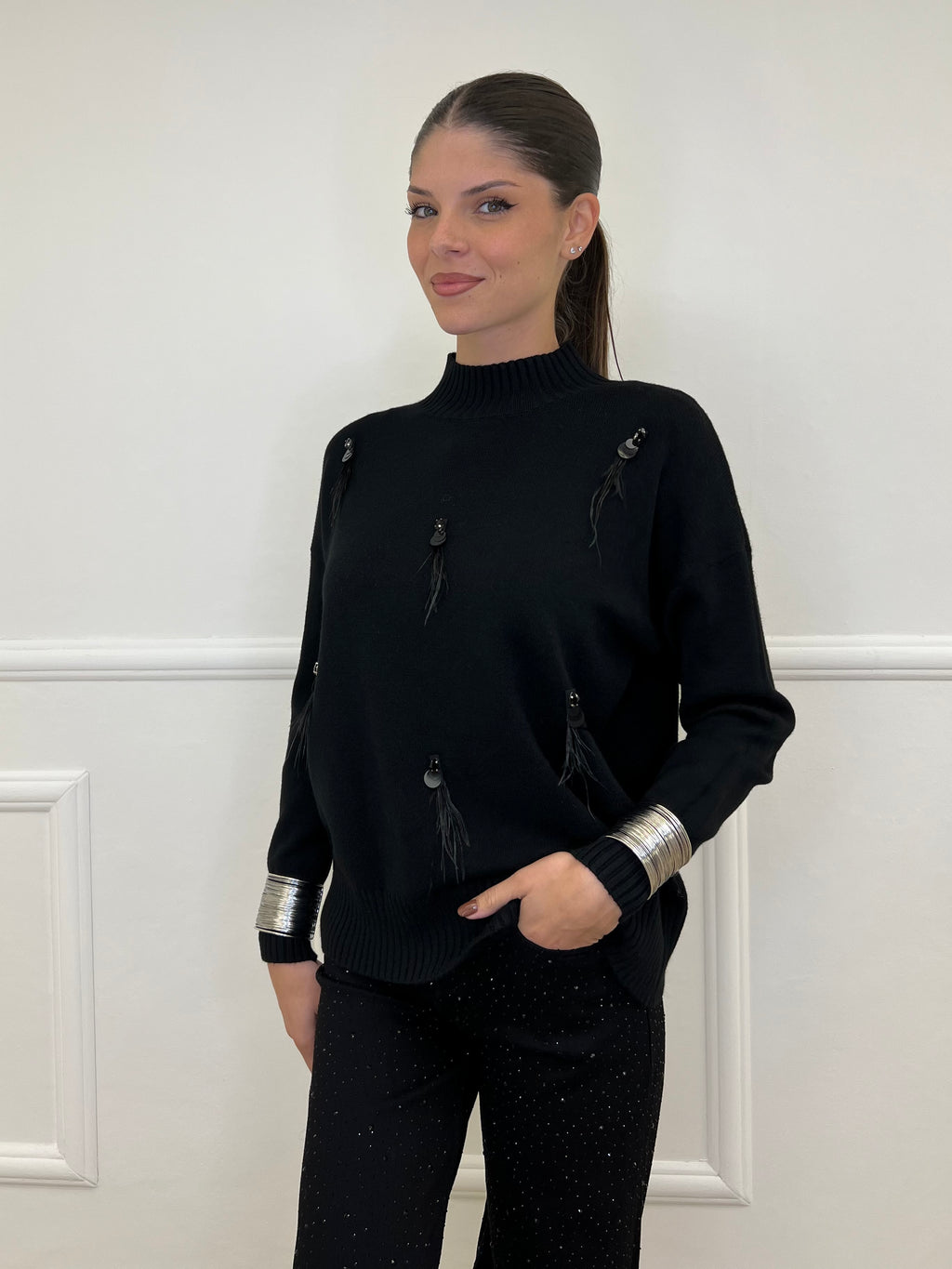 Maglia Strass e Piume DL7355 Nero