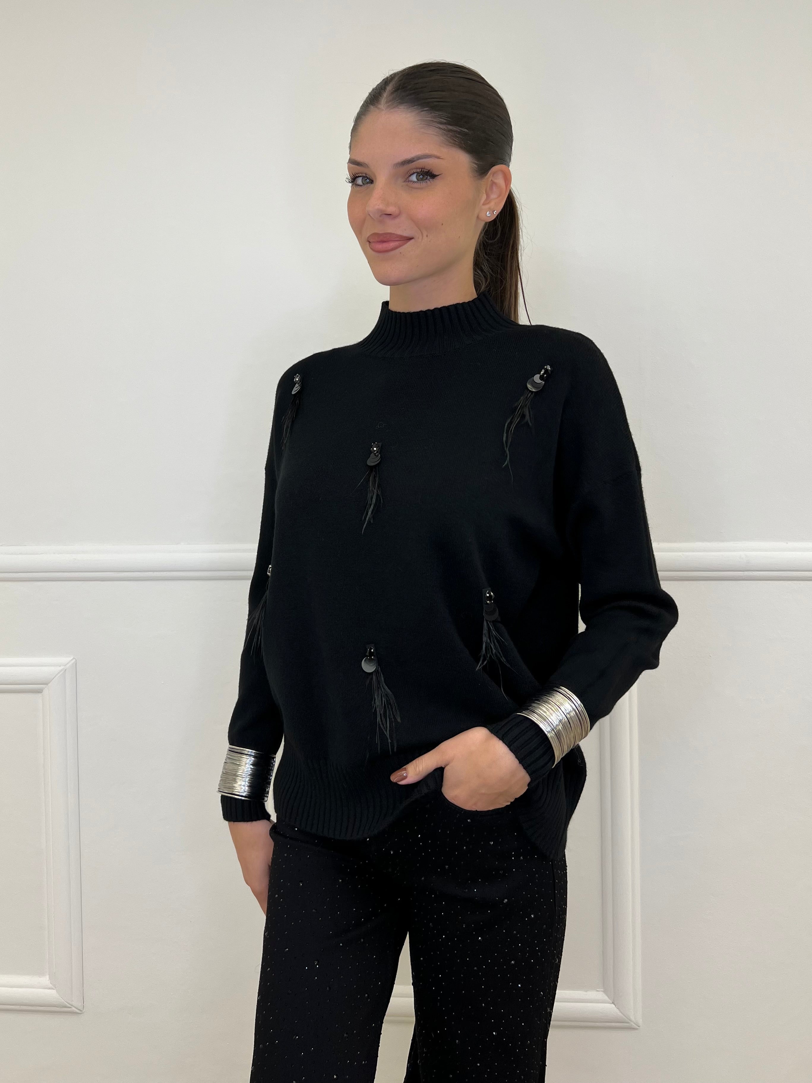 Maglia Strass e Piume DL7355 Nero