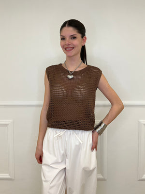Maglia Smanicata Traforata 6972 Marrone