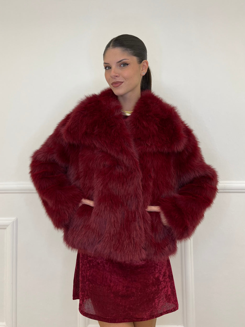 Double-Breasted Fur Coat Y0238 Bordeaux