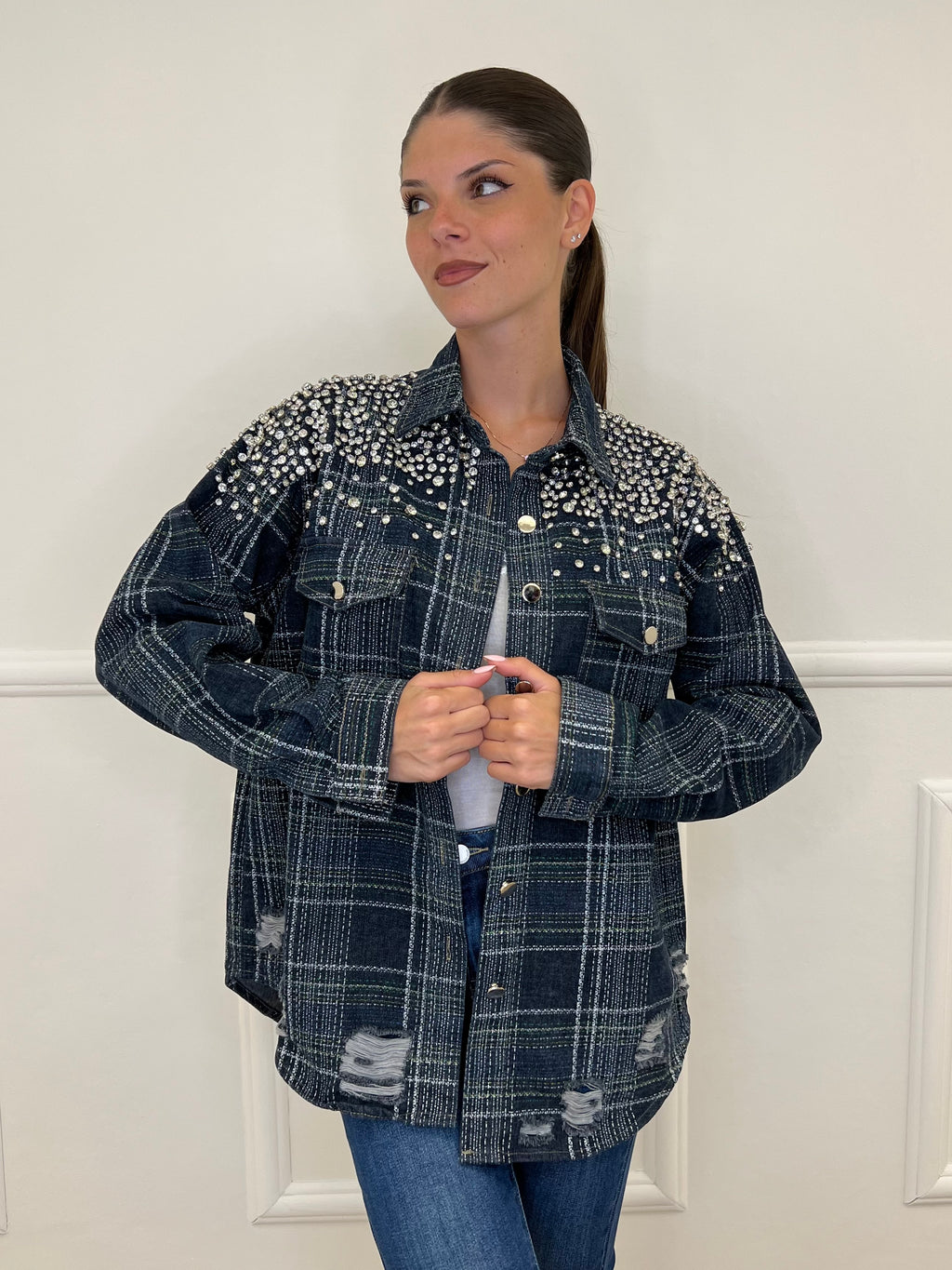 Giacca Denim Check Cristalli MF2530 Blu - Bazar Abbigliamento