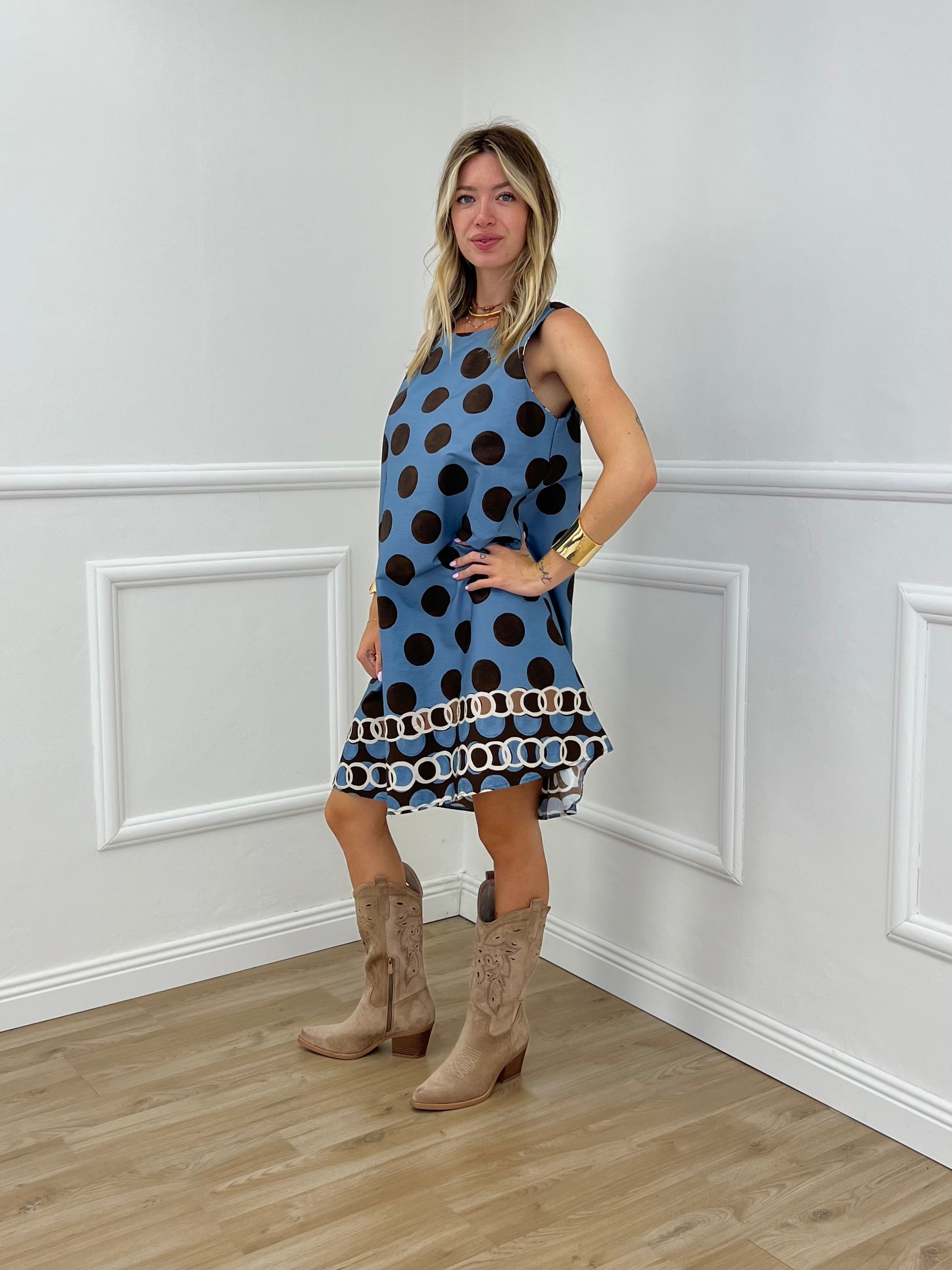 Abito Cotone Pois 19038 Azzurro e Moro