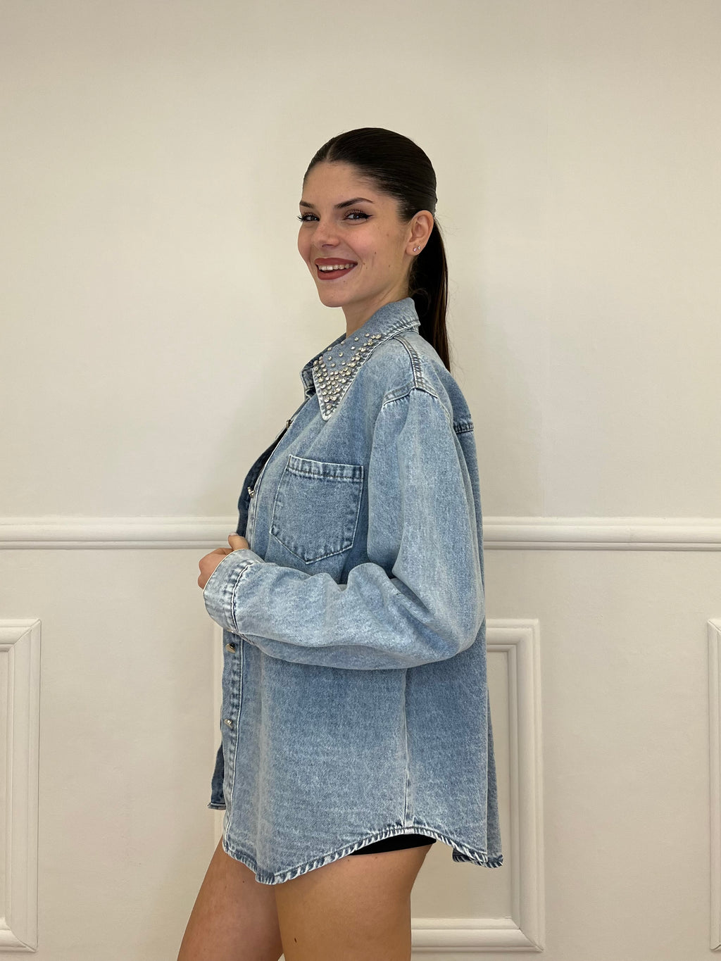 Giacca Camicia Denim Colletto Strass 3025 Azzurro