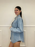 Giacca Camicia Denim Colletto Strass 3025 Azzurro