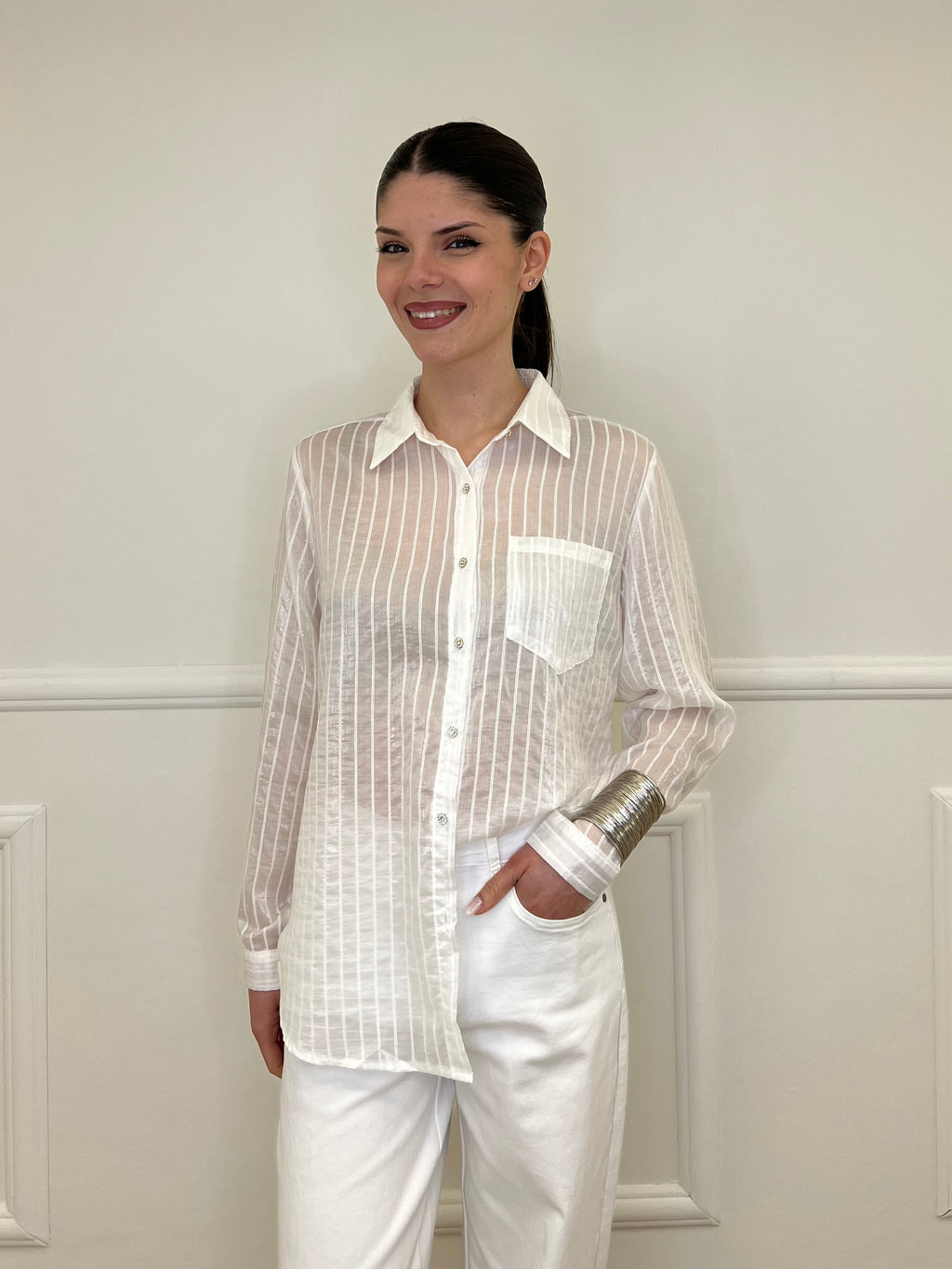 Camicia Tencel Spalmata a Righe 25802 Bianco