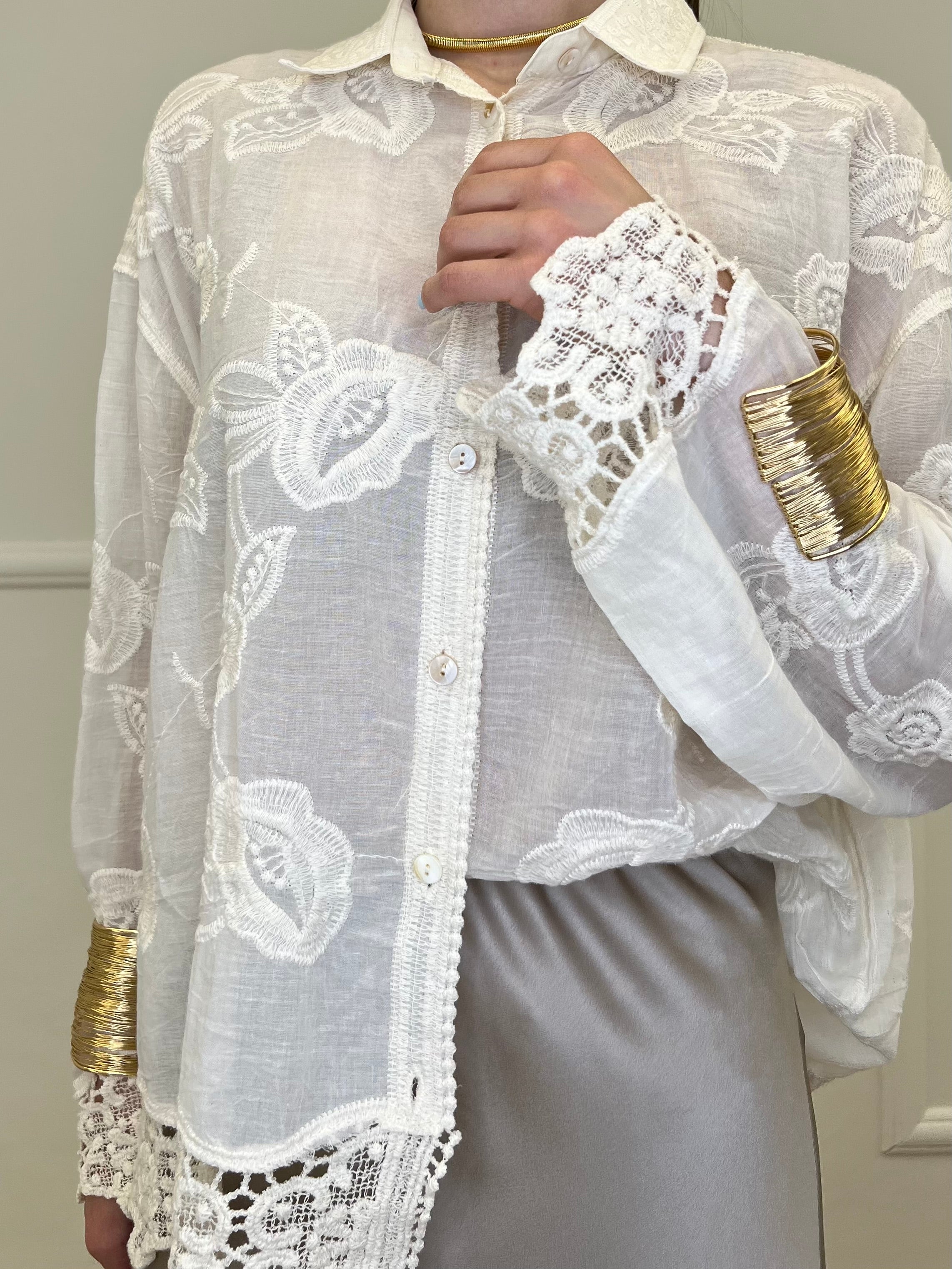 Camicia Ricami Inserti Crochet 48036 Panna