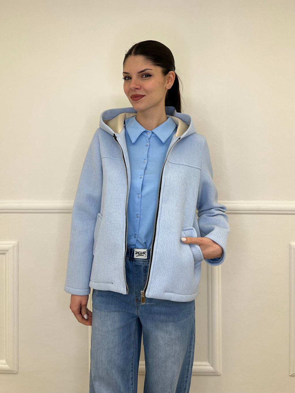 Giacca Neoprene Zip 26087 Azzurro