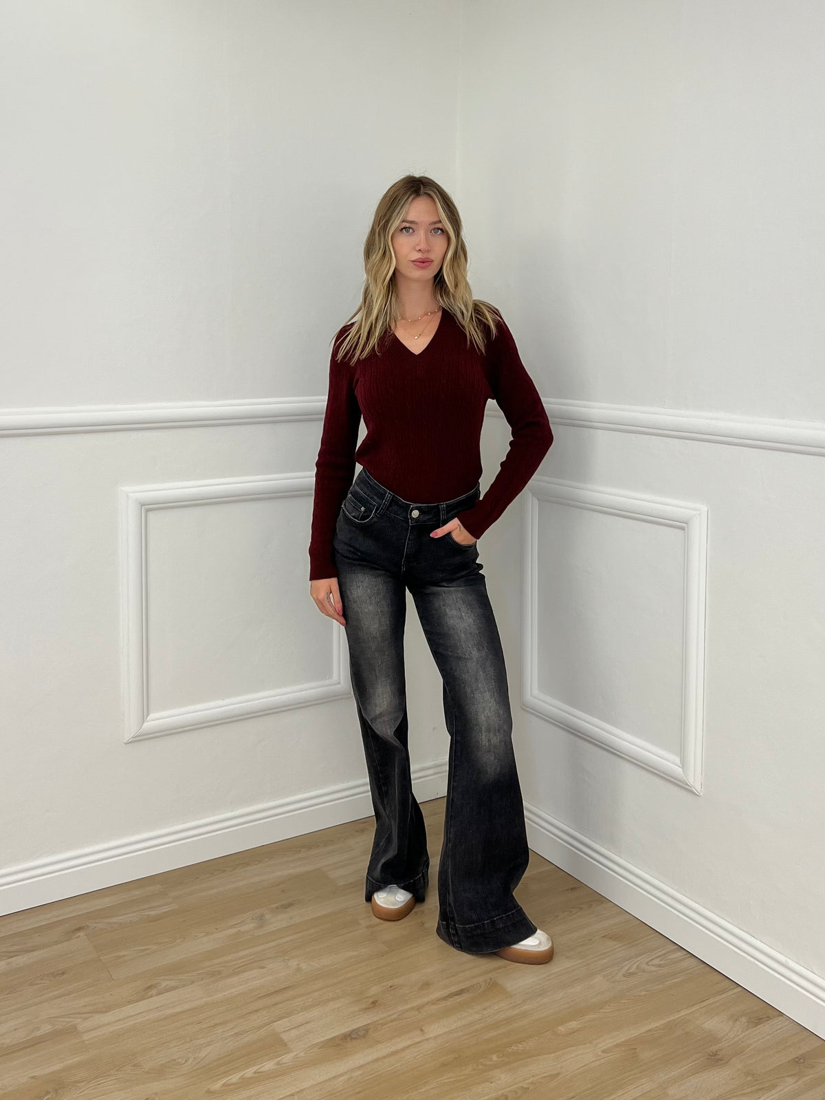 Maglia Trecce Scollo a V 1237 Bordeaux