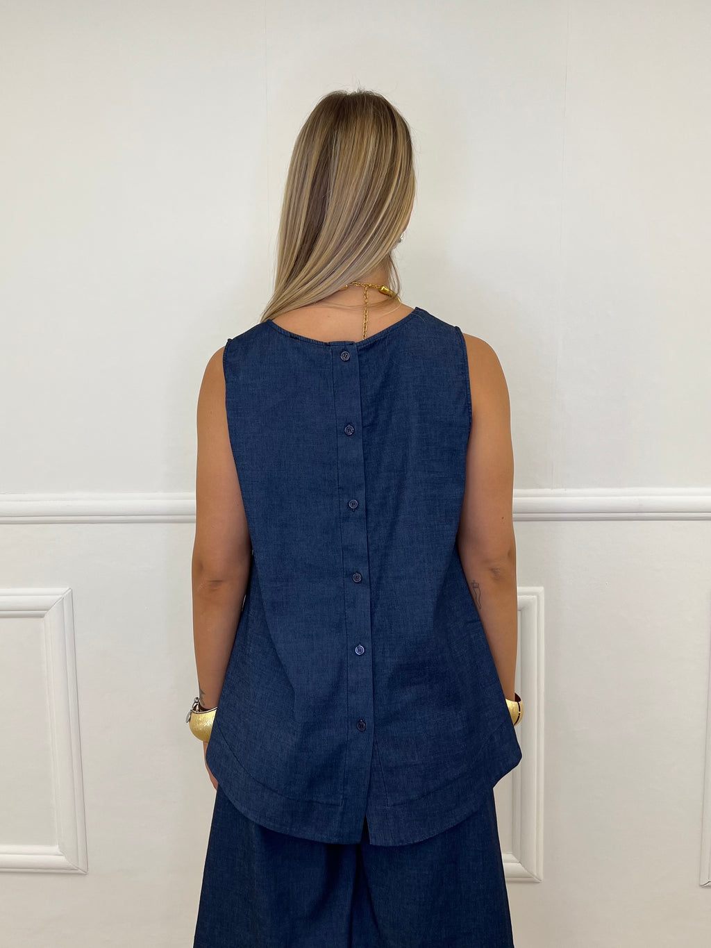 Blusa Chambray Smanicata Bottoni 2543 Blu