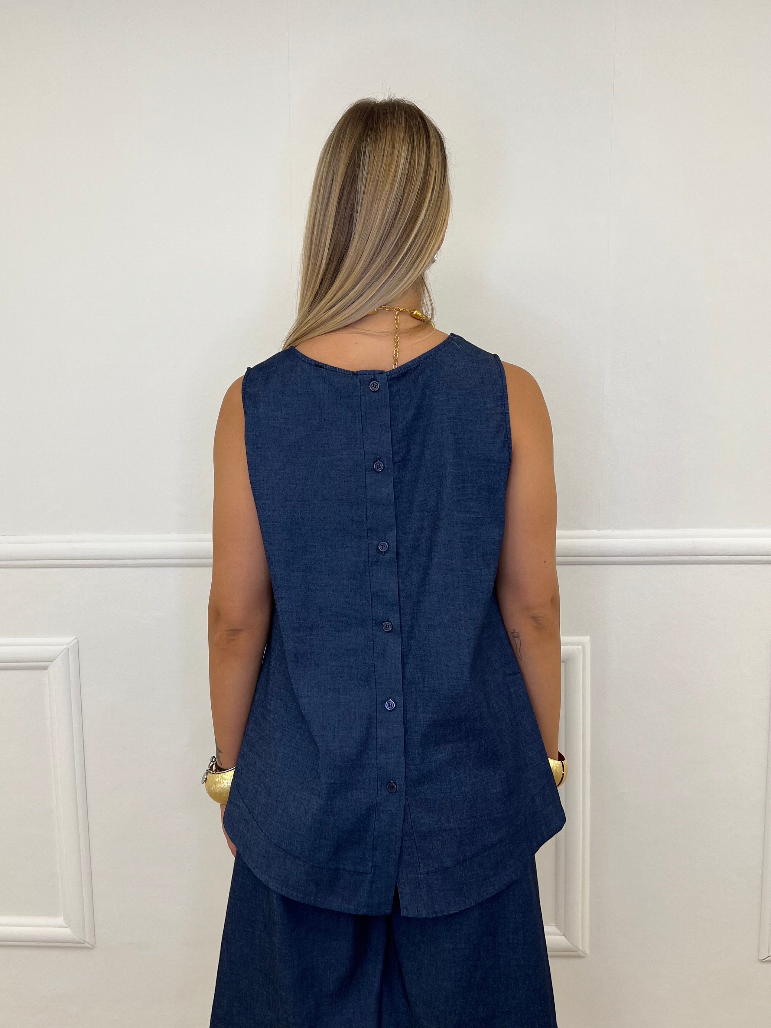 Blusa Chambray Smanicata Bottoni 2543 Blu