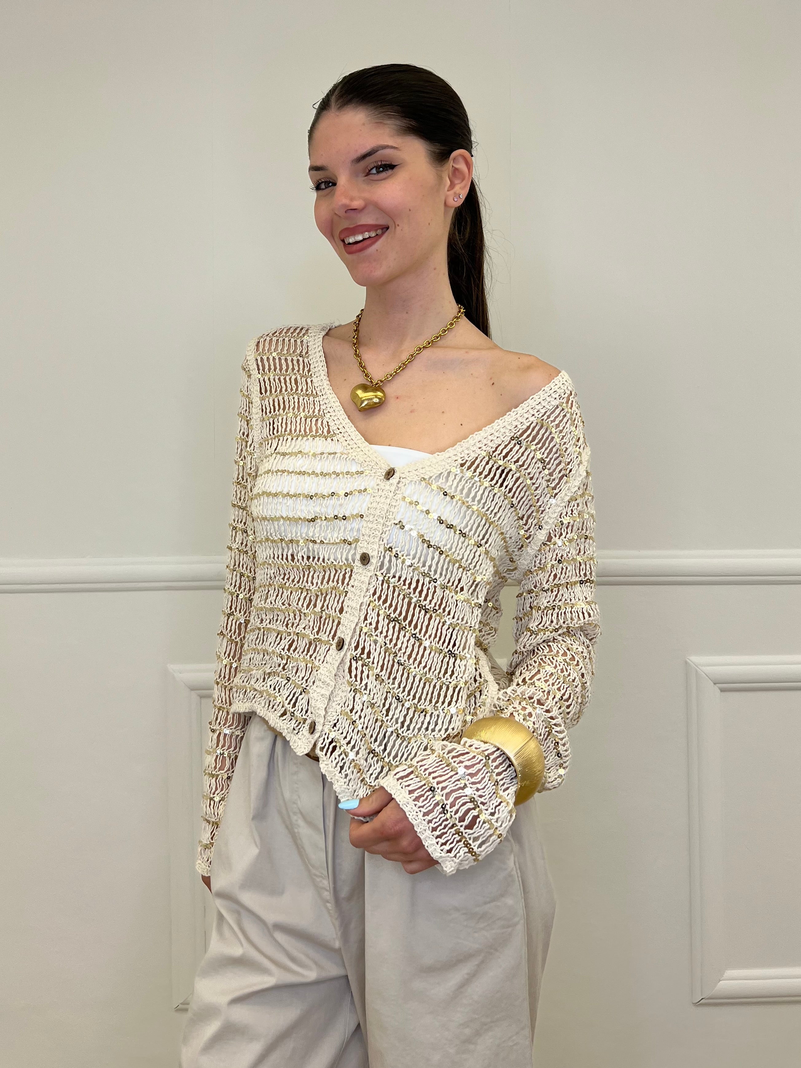 Cardigan In Cotone Con Paillettes 28142 Ecru