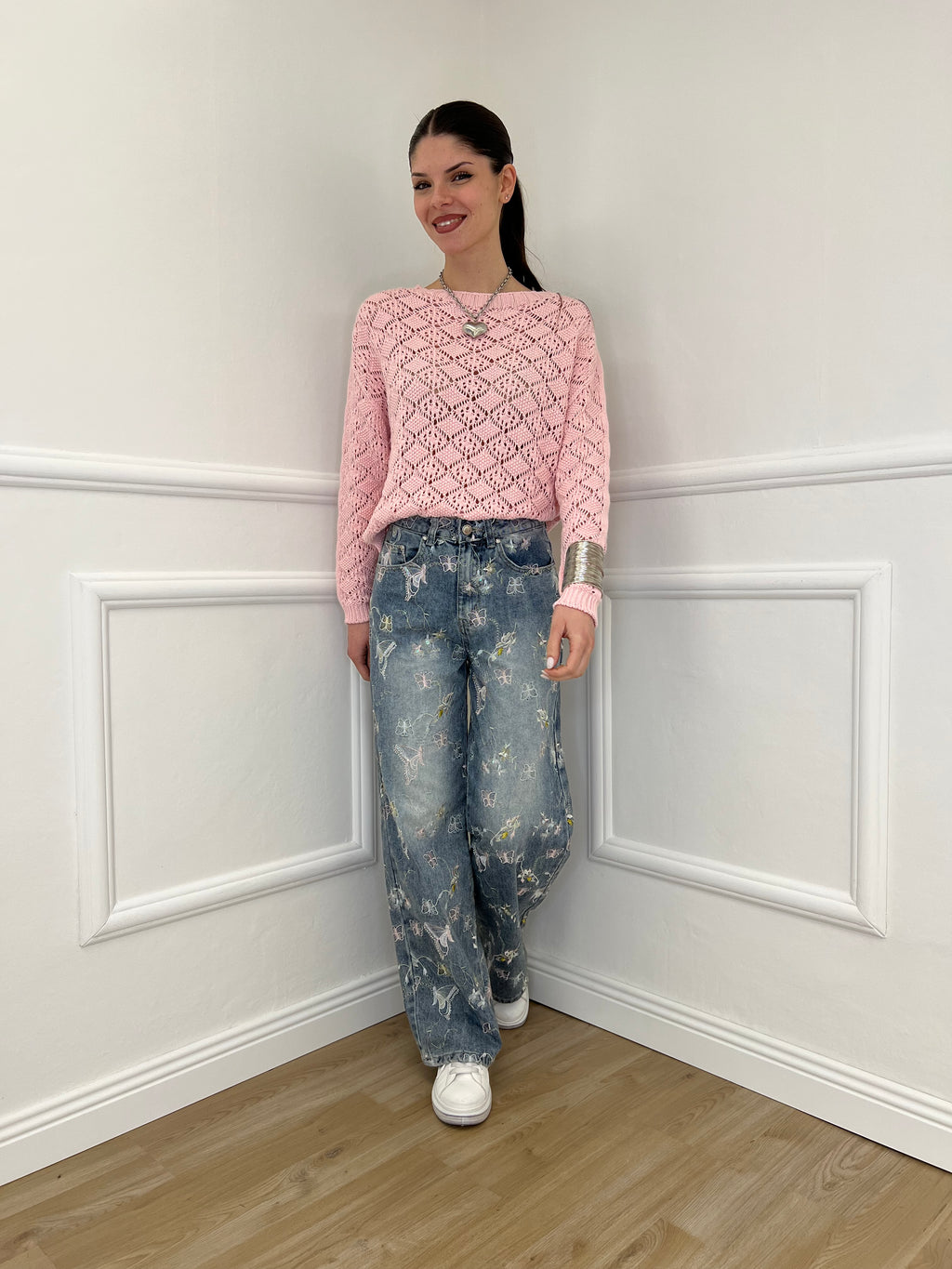 Maglia Jacquard Traforata 82618 Rosa