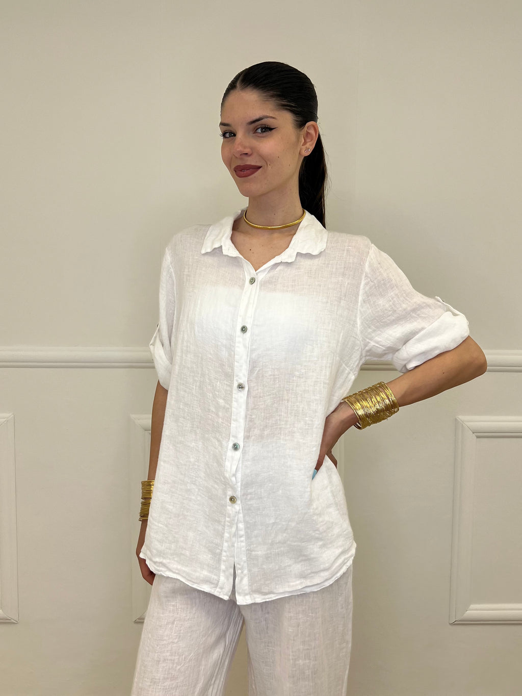 Camicia Maniche 3/4 in Lino 89517 Bianco