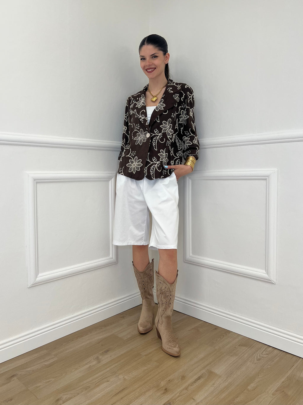Blazer Ricamato in Lino e Viscosa 11353 Moro