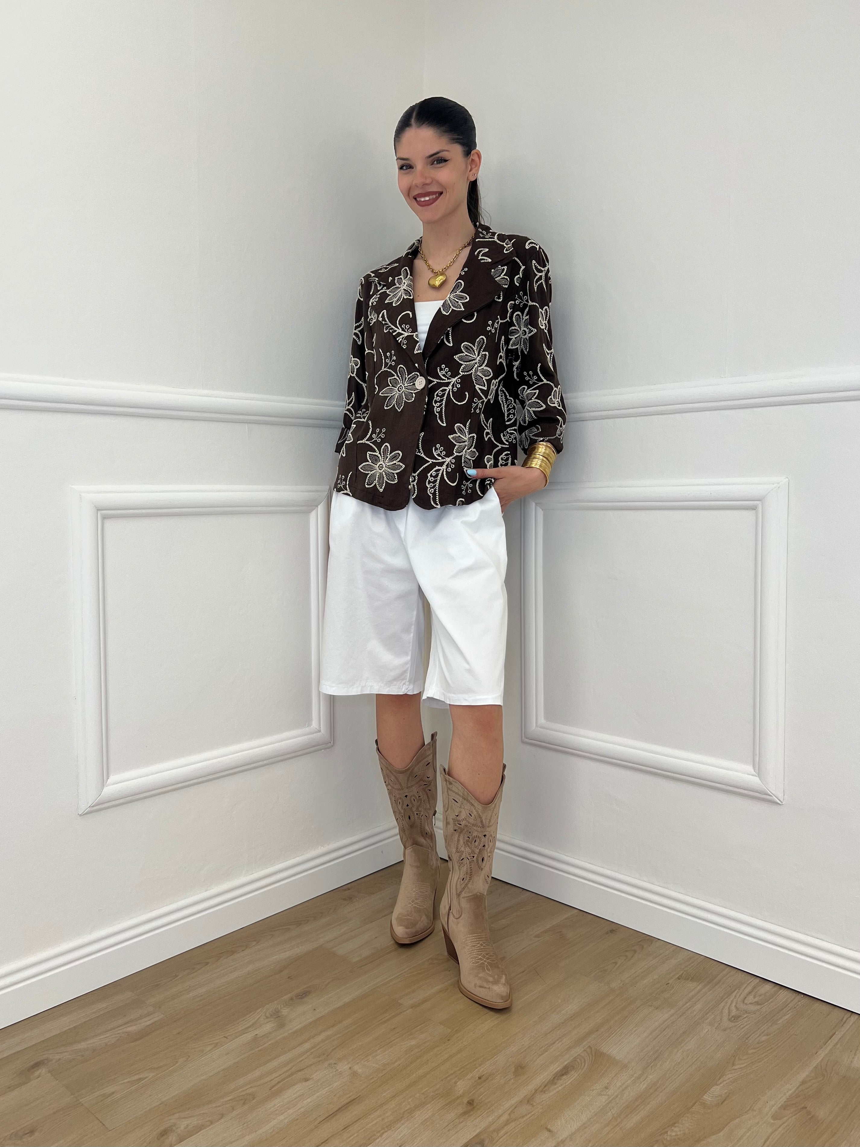 Blazer Ricamato in Lino e Viscosa 11353 Moro