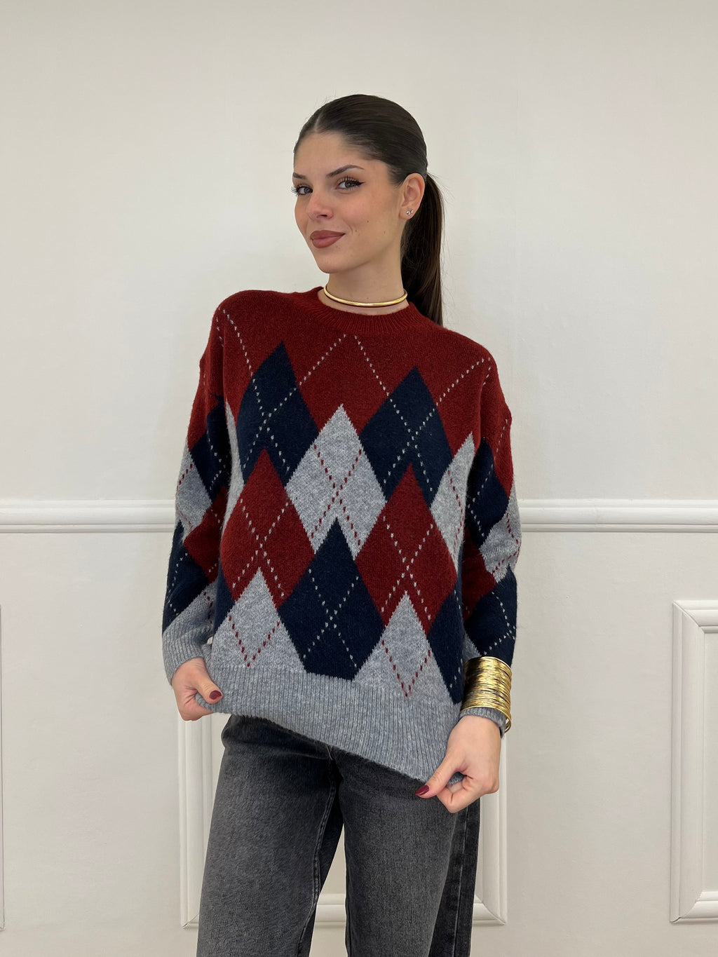 Maglia Over Losanghe L8075 Bordeaux