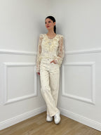 Twin Set Blusa in Pizzo Con Jabot e Sottoveste 7099 Ecru