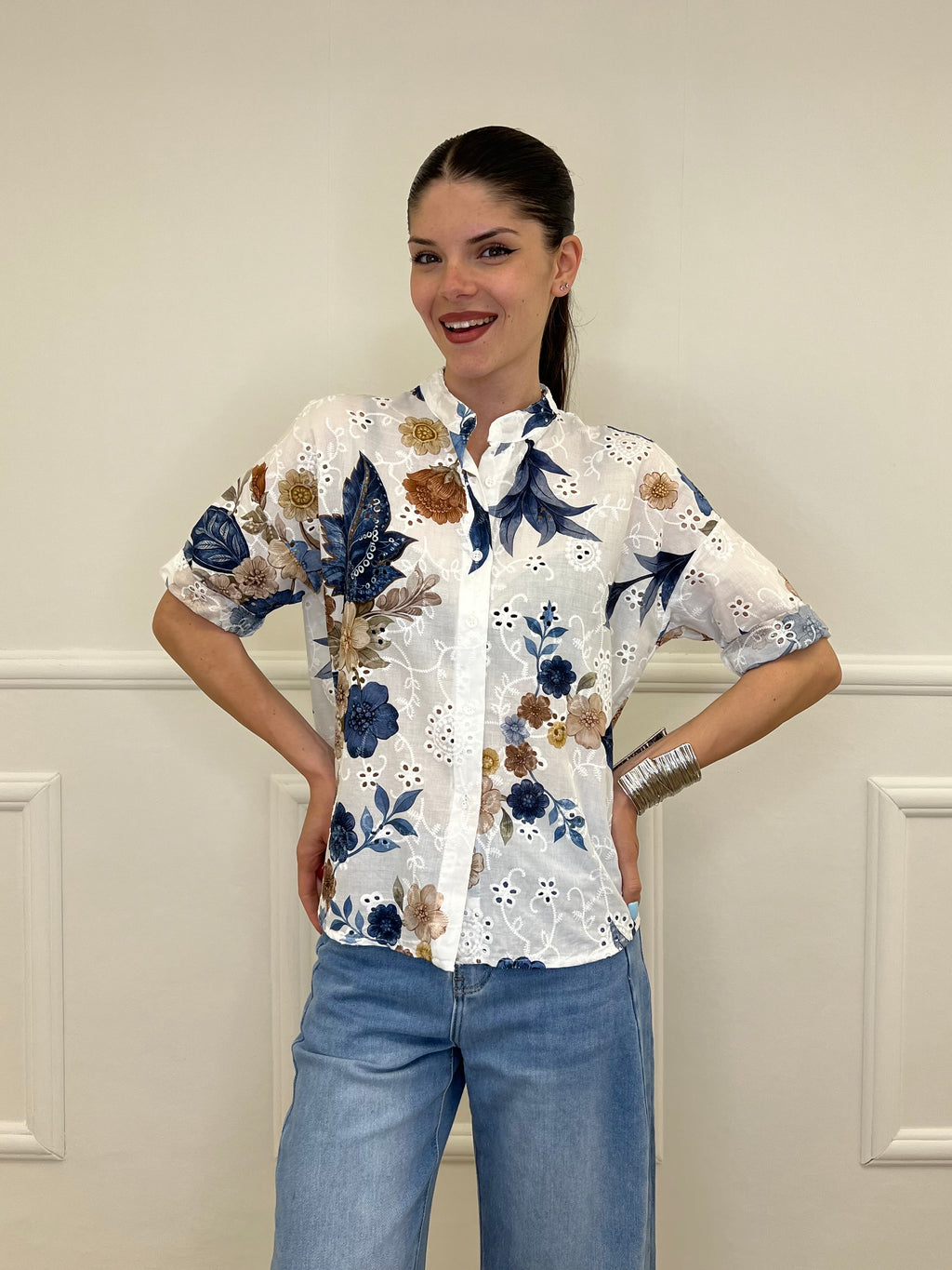 Camicia Fiori Inserti Sangallo 2340 Blu