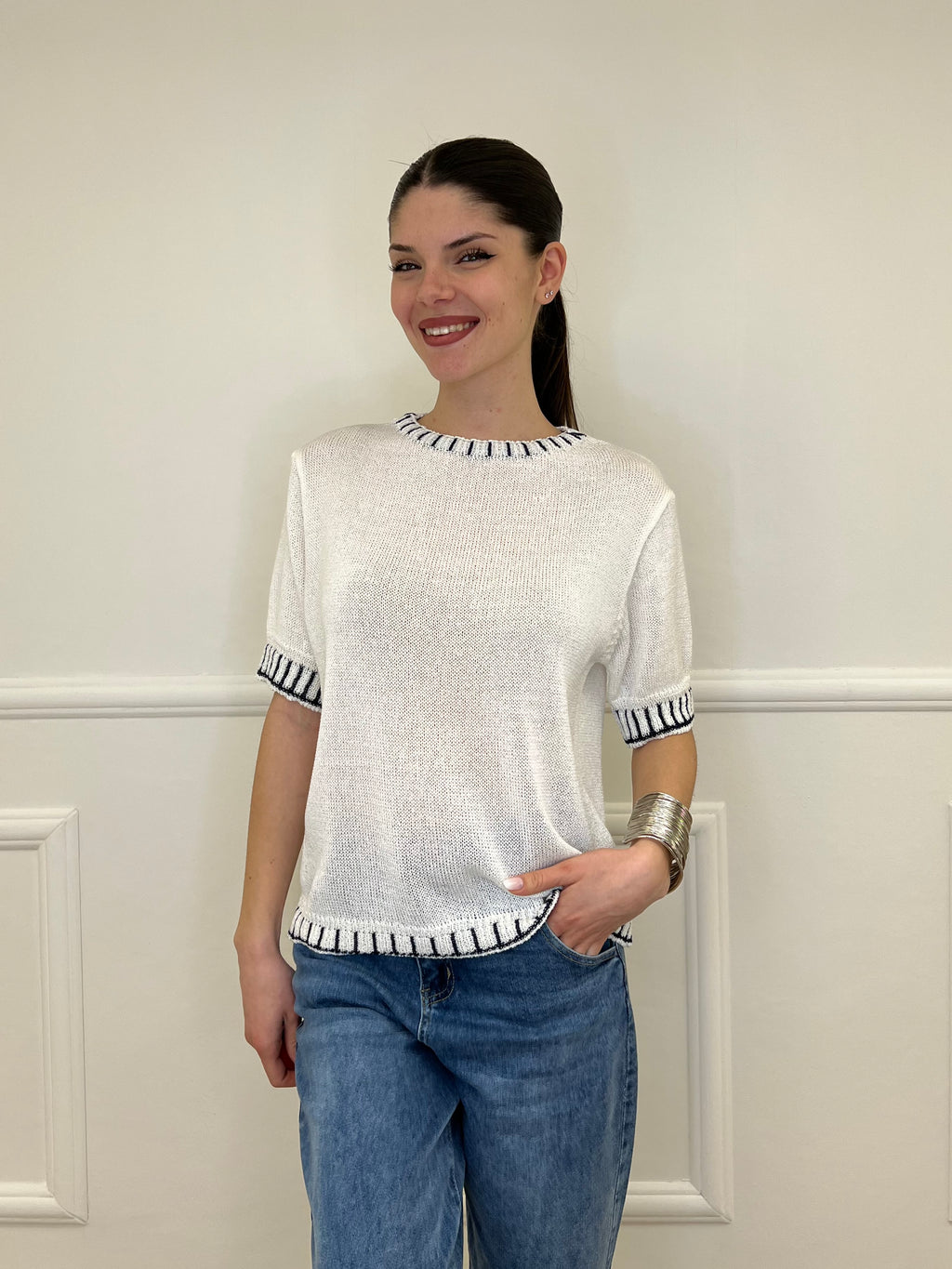 Maglia Profili a Contrasto 2780 Bianco e Blu