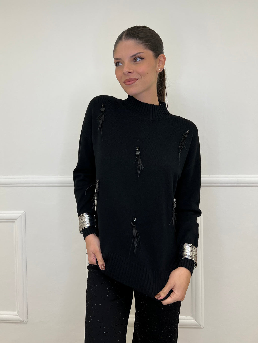 Maglia Strass e Piume DL7355 Nero