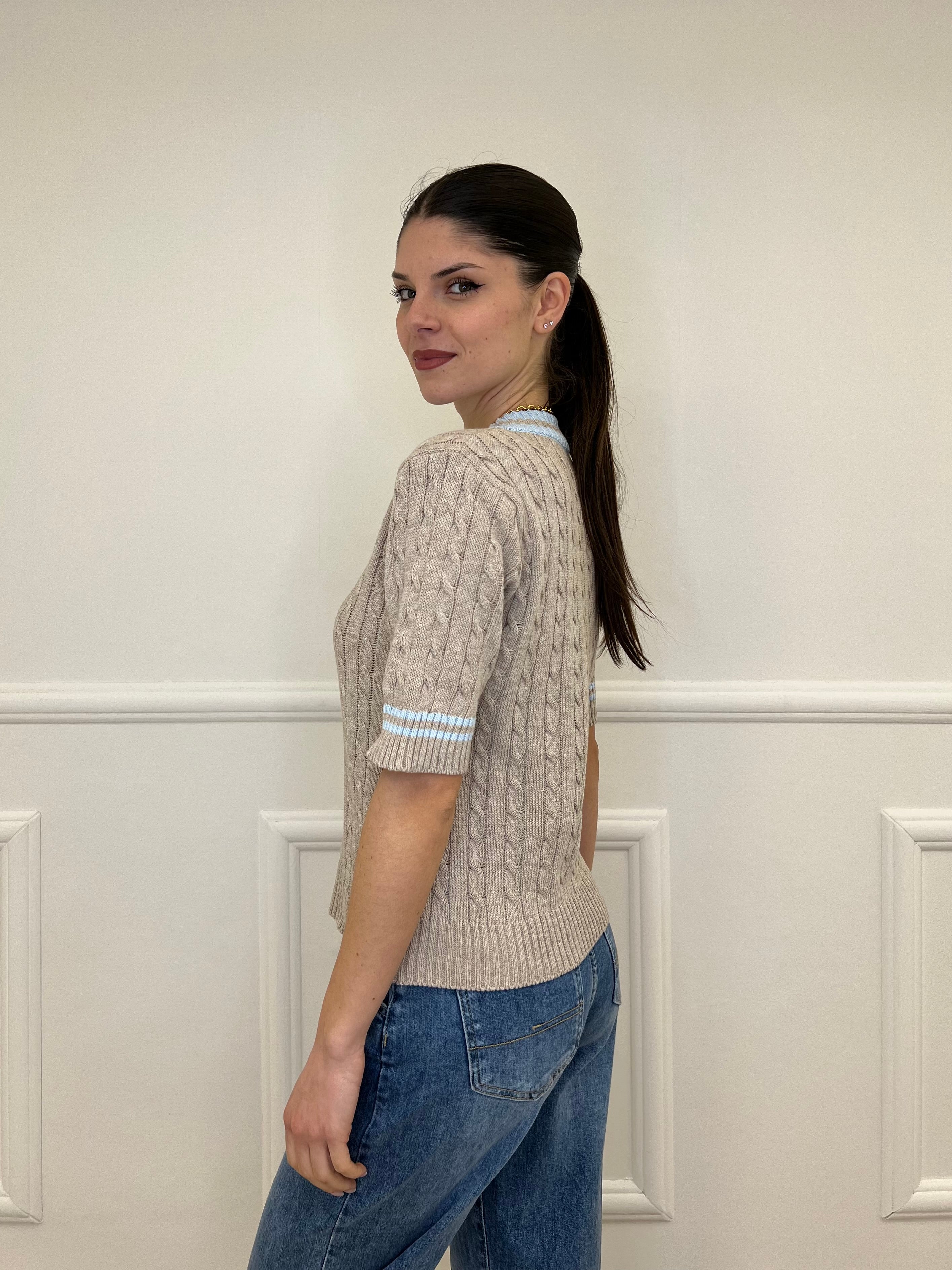 Maglia Trecce Profili a Contrasto 9467 Taupe e Azzurro