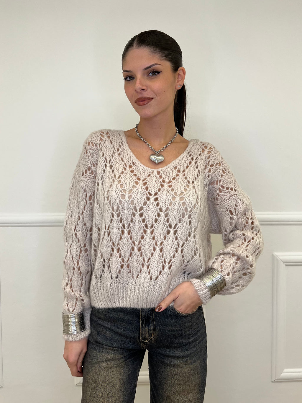 Maglia Losanghe Traforata 3191 Ecru