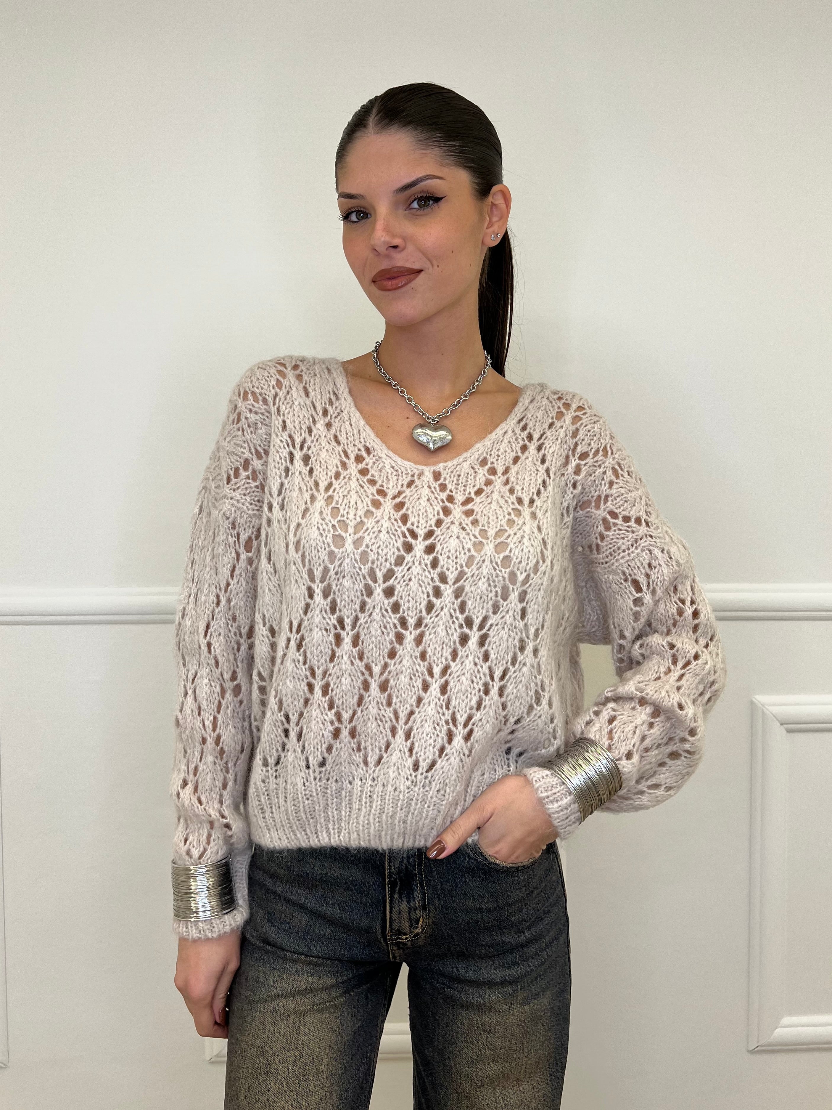 Maglia Losanghe Traforata 3191 Ecru