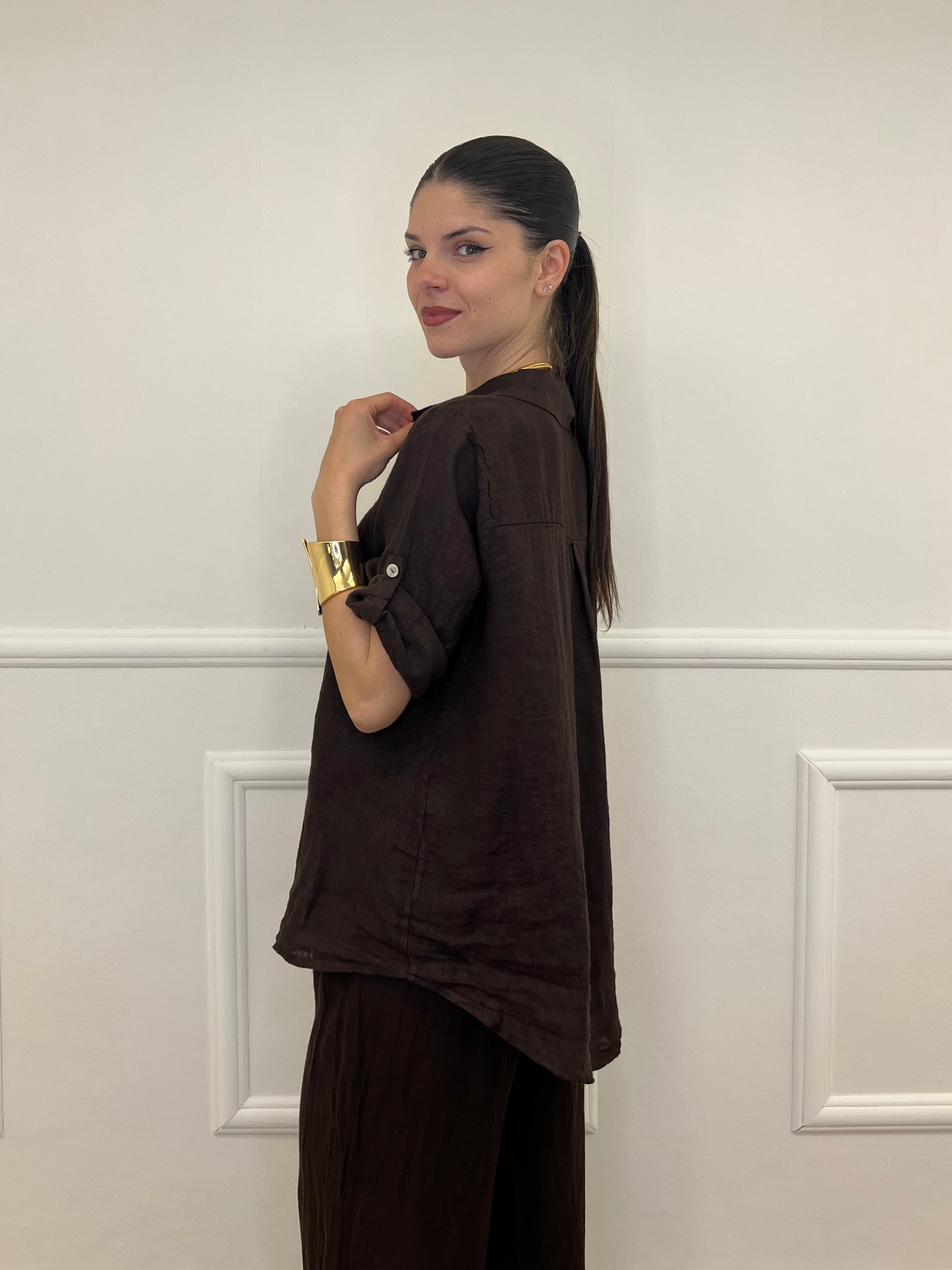 Camicia Maniche 3/4 in Lino 89517 Moro