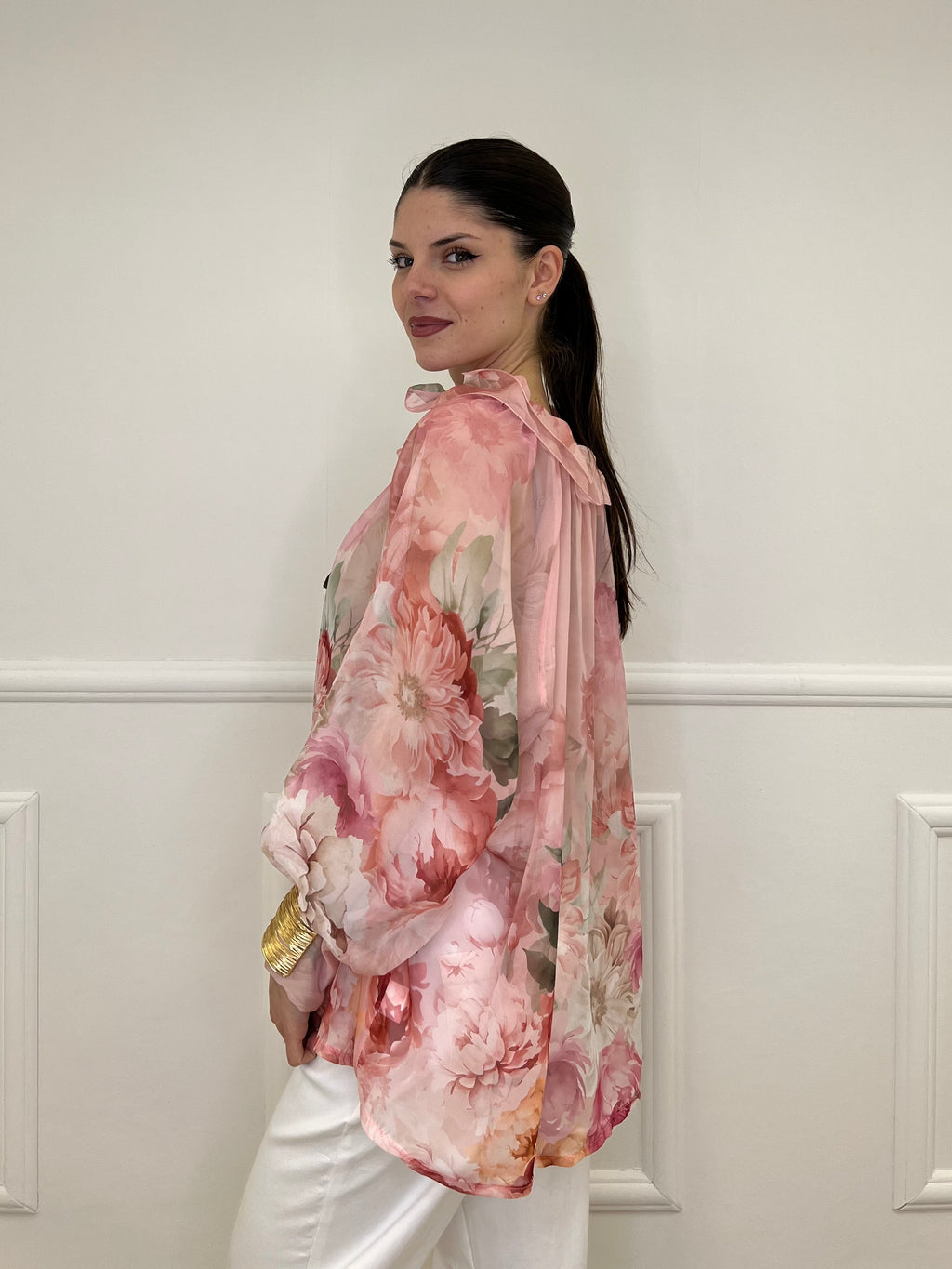 Blusa Voile Fiori Con Fiocco 4284 Rosa
