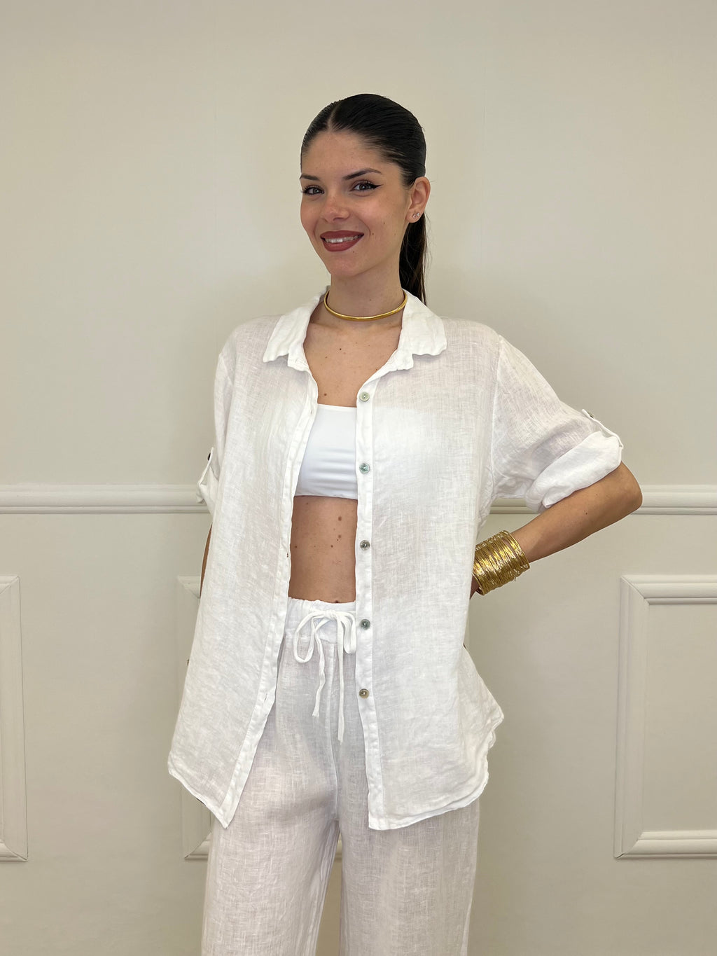 Camicia Maniche 3/4 in Lino 89517 Bianco