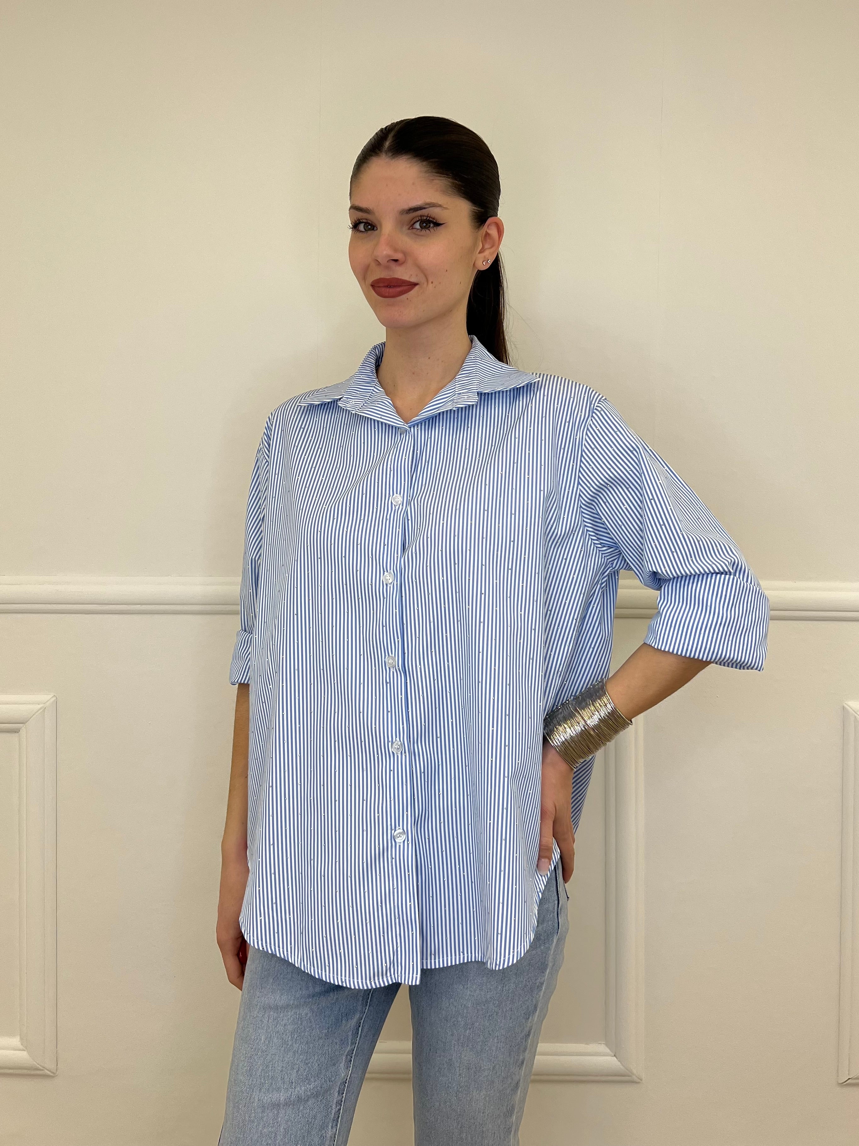 Camicia a Righe Micro Strass 82046 Azzurro