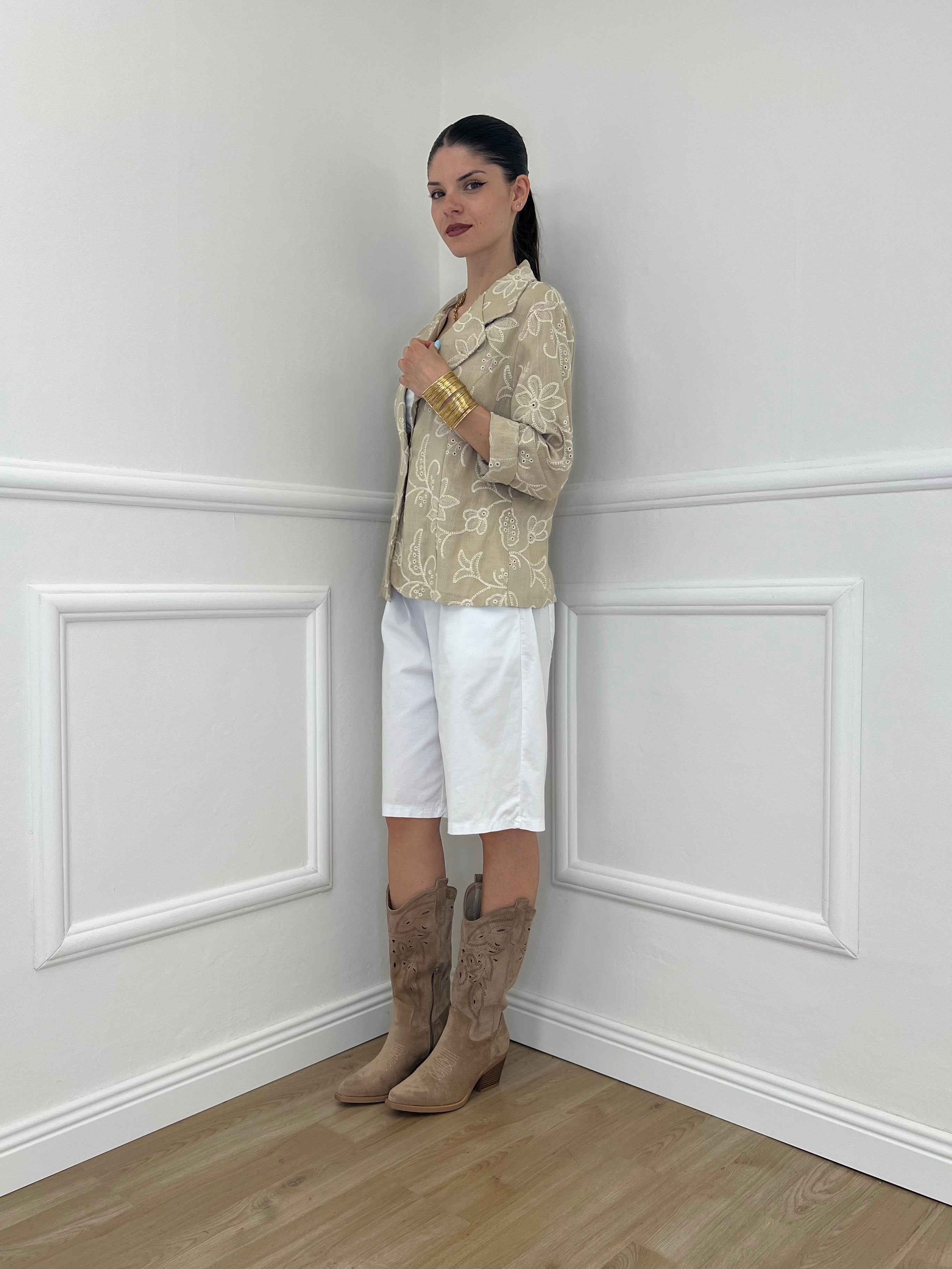 Blazer Ricamato in Lino e Viscosa 11353 Ecru