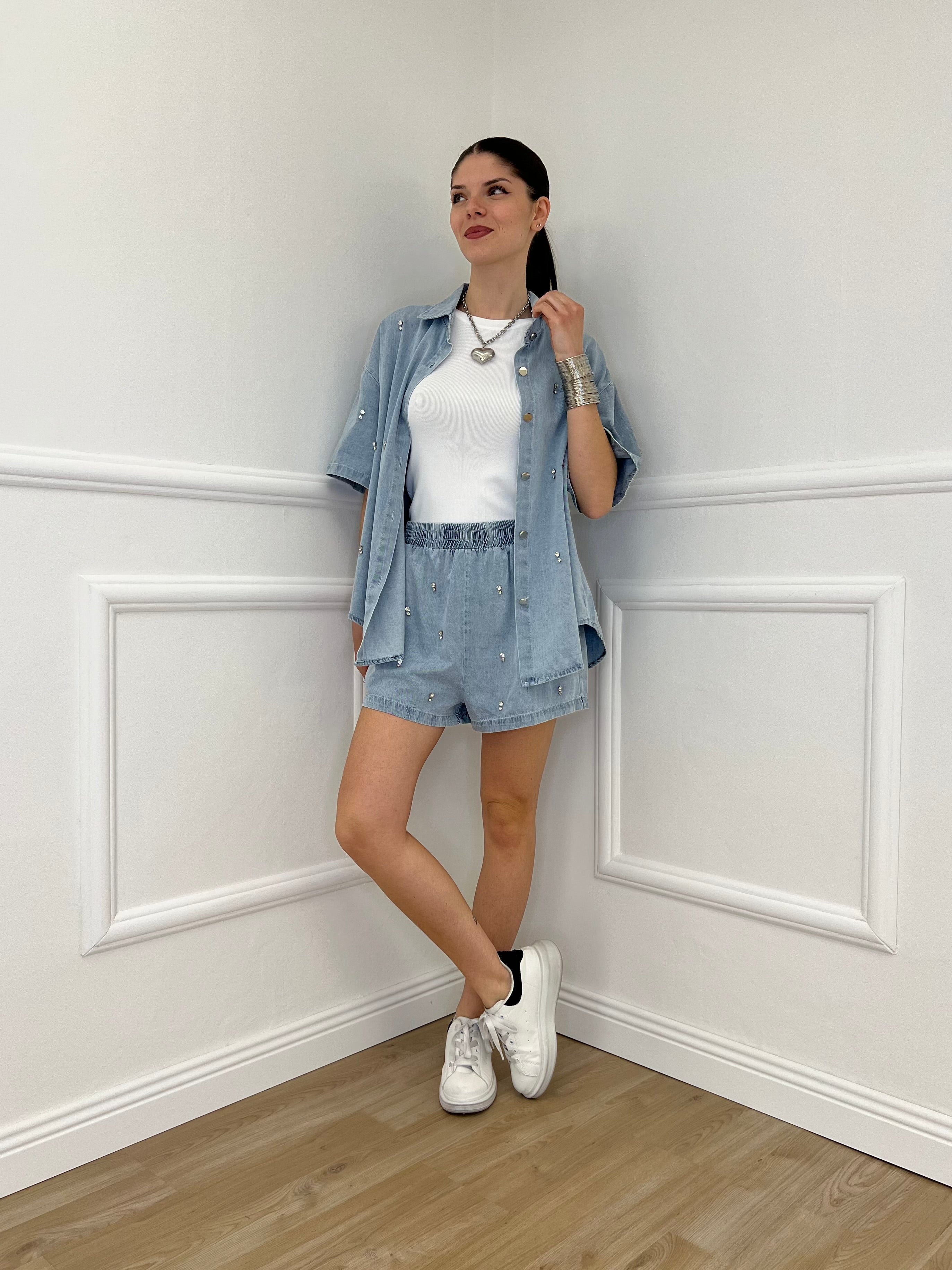 Completo Shorts Denim Con Strass 3048 Azzurro
