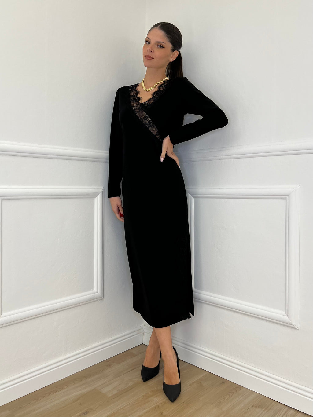 Abito Crepe Pizzo 55743 Nero