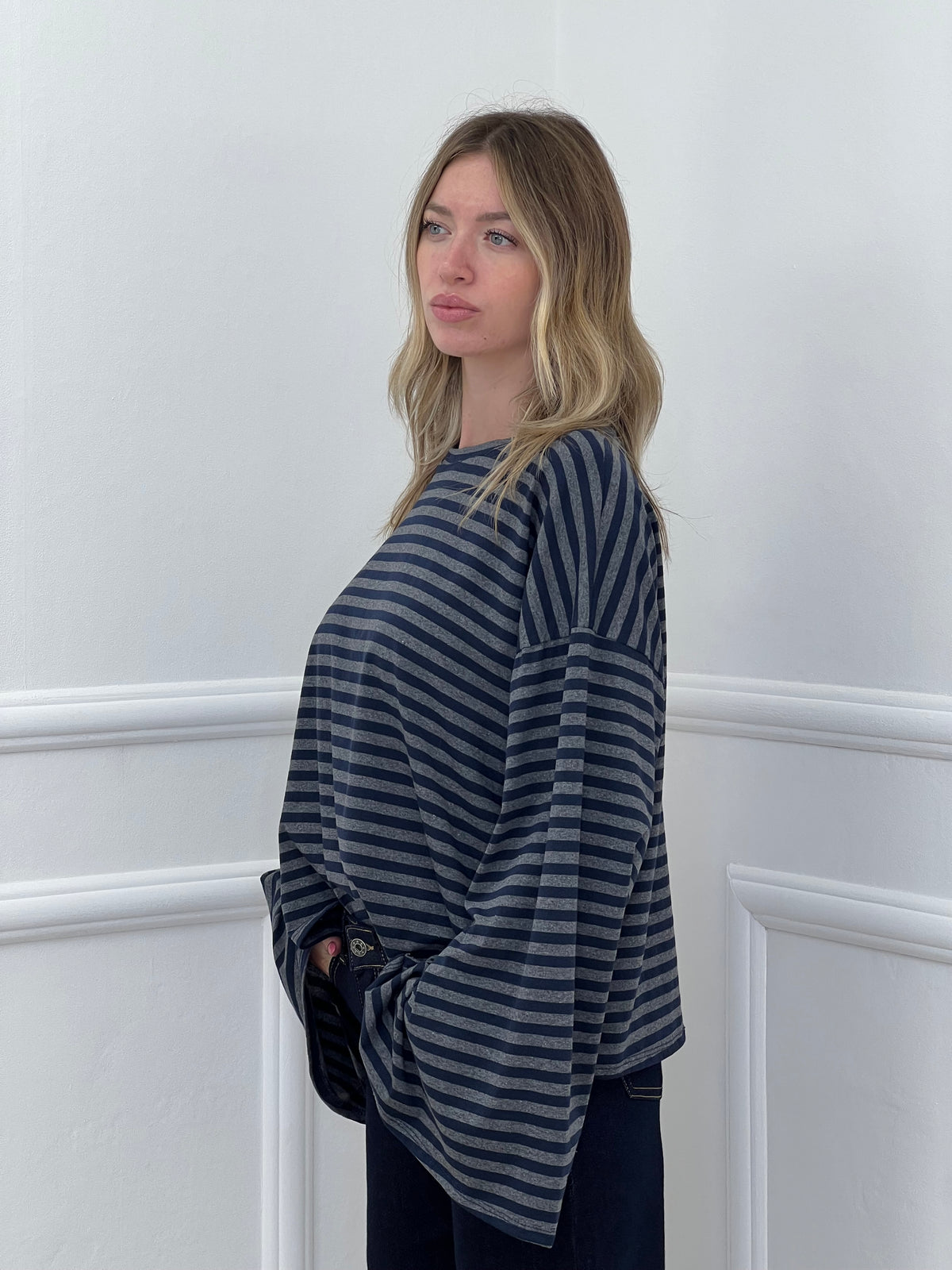T-shirt Righe Maniche Ampie BM270 Grigio e Blu