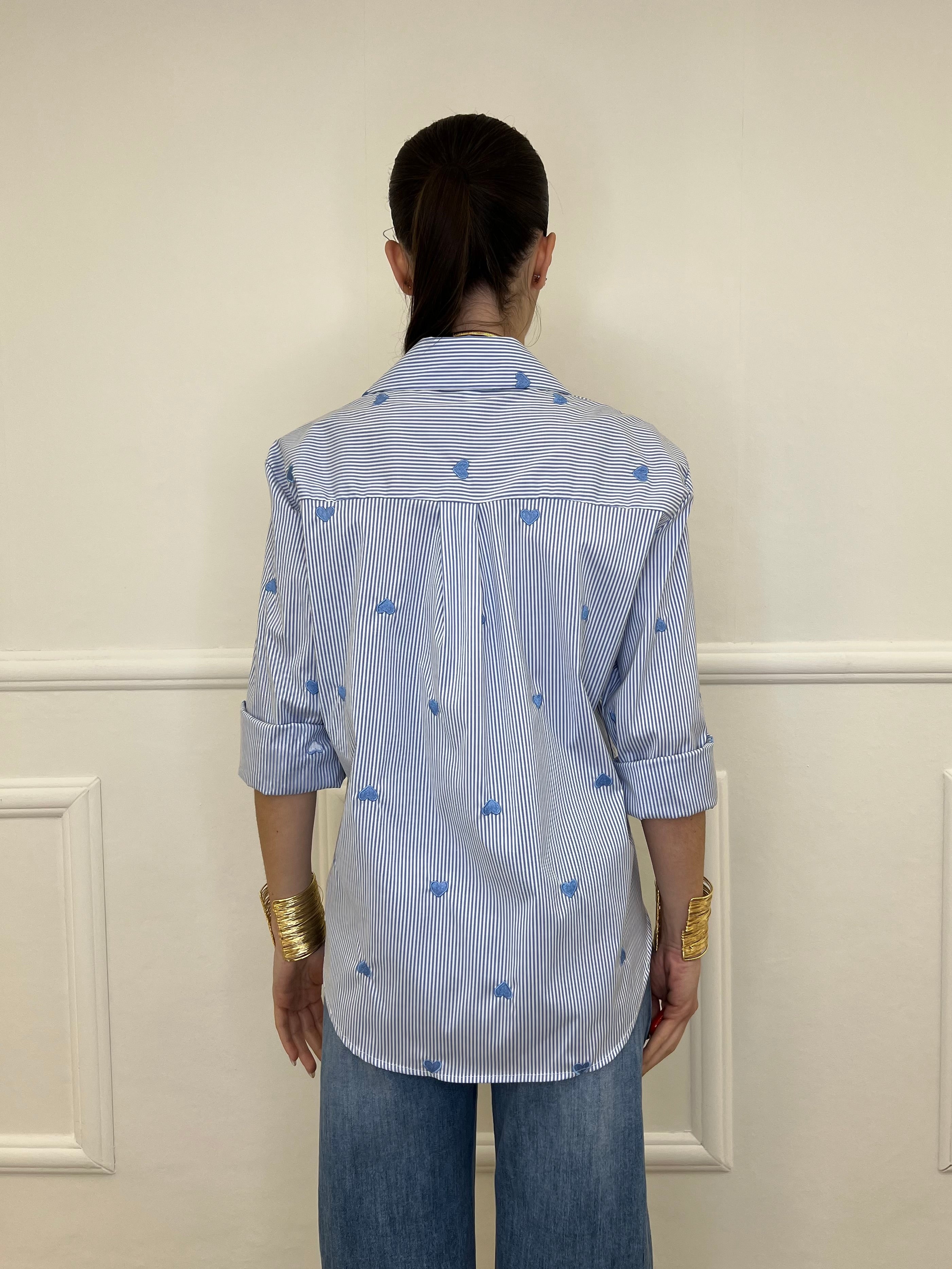 Camicia a Righe Cuori Ricamati 121255 Azzurro