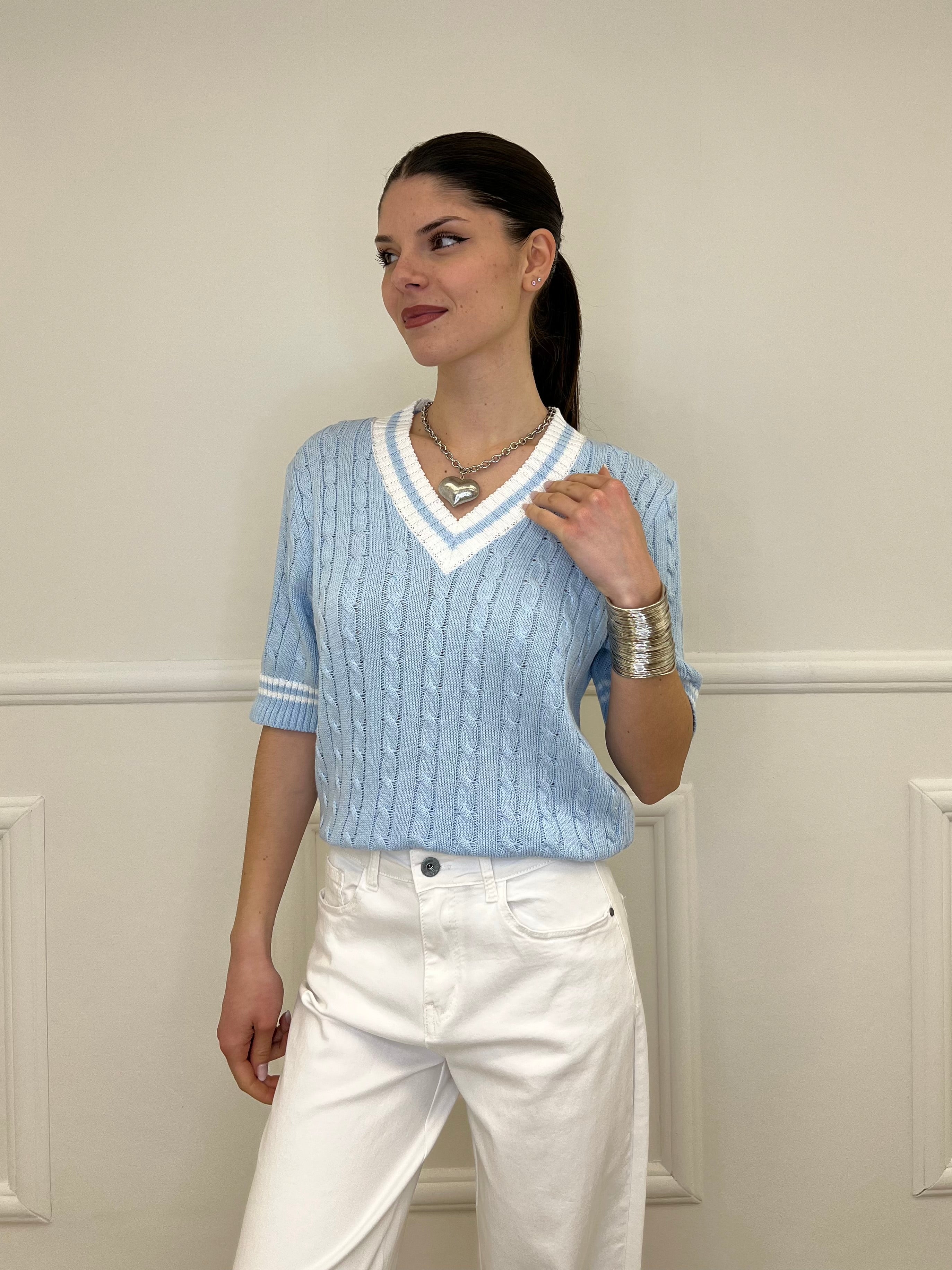 Maglia Trecce Profili a Contrasto 9467 Azzurro e Bianco