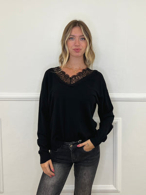Maglia Scollo a V Over Con Pizzo 5588 Nero