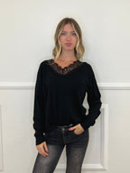 Maglia Scollo a V Over Con Pizzo 5588 Nero