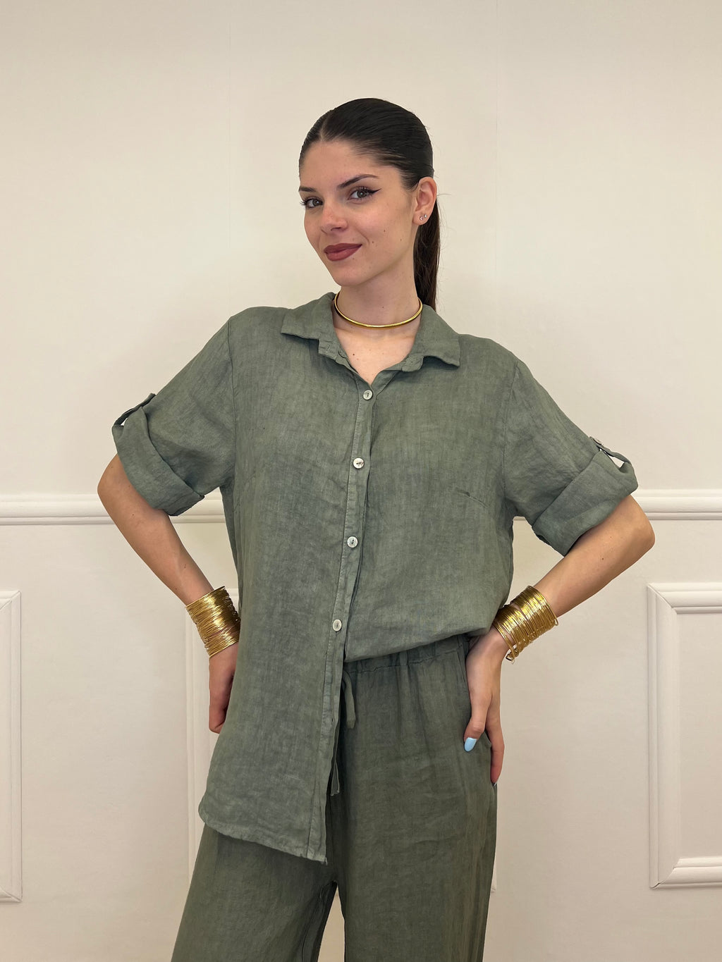 Camicia Maniche 3/4 in Lino 89517 Verde
