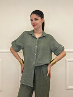 Camicia Maniche 3/4 in Lino 89517 Verde